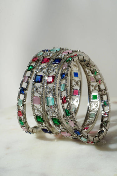 Minahil - Silver Multicolor AD Bangles (Set of 4) Bangles from Inaury