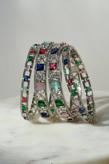 Minahil - Silver Multicolor AD Bangles (Set of 4) Bangles from Inaury