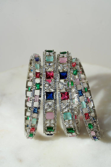 Minahil - Silver Multicolor AD Bangles (Set of 4) Bangles from Inaury