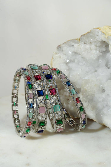 Minahil - Silver Multicolor AD Bangles (Set of 4) Bangles from Inaury