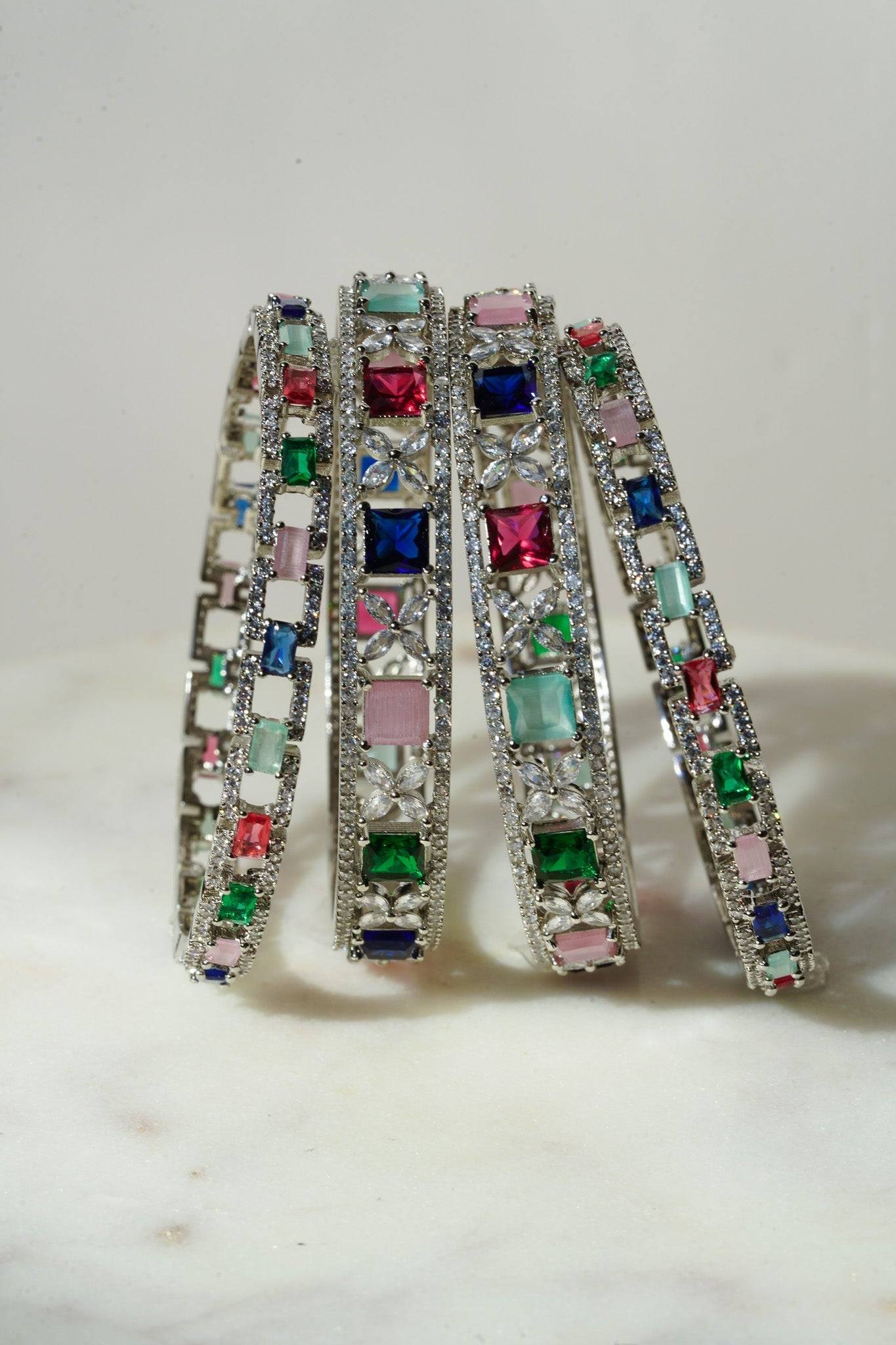 Minahil - Silver Multicolor AD Bangles (Set of 4) Bangles from Inaury