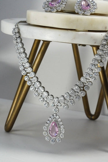 Mirah AD Necklace Set - Elegant Jewelry with pink teardrop pendant and earrings, classic CZ design for special events.