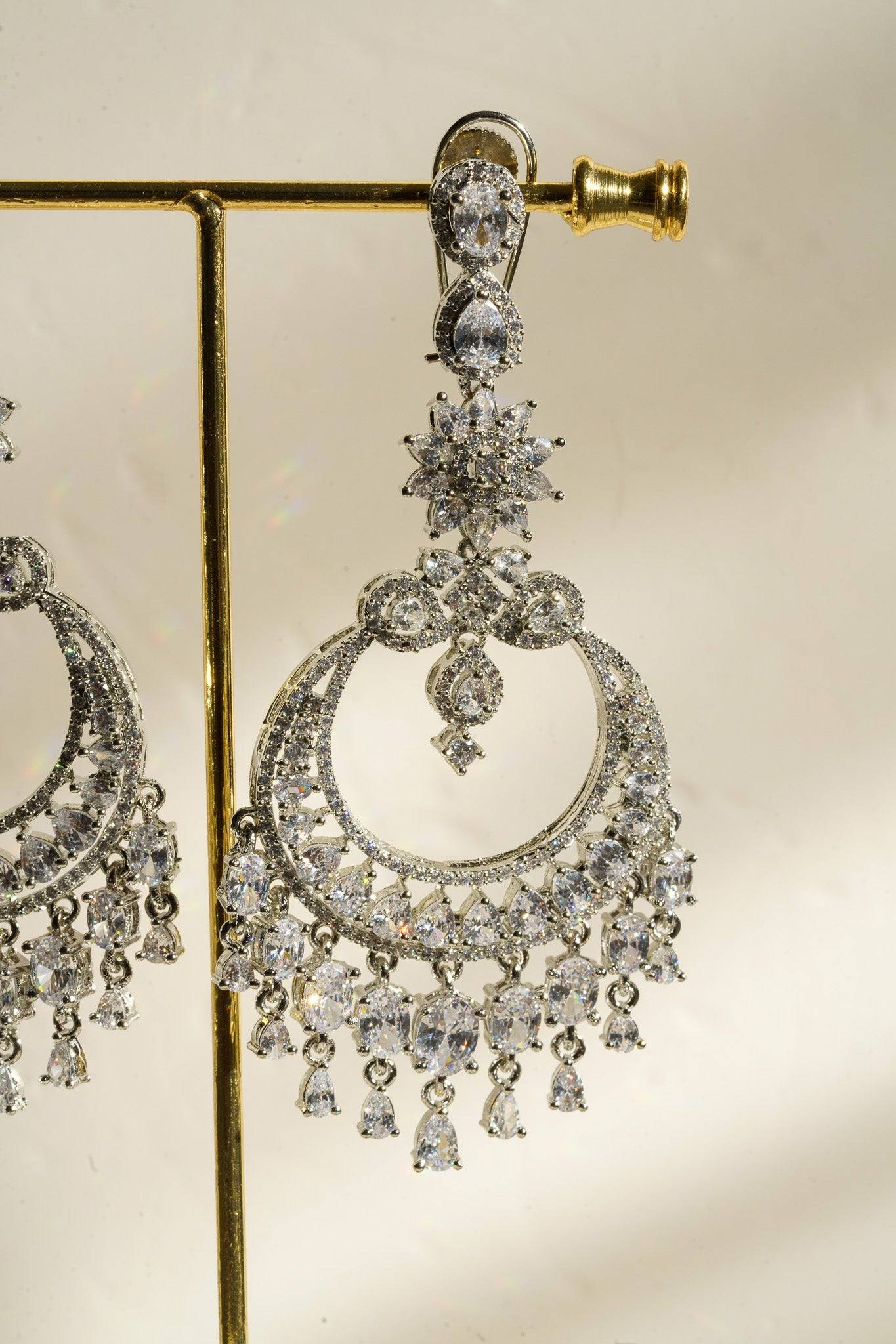 Misha Diamanté Accent Statement Chandelier Earrings - 4 inches long, 2 inches wide, with Diamante accents and AD stones, perfect for any elegant ensemble.