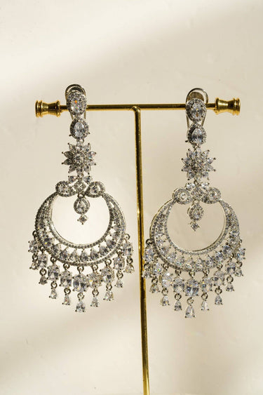 Misha Diamanté Accent Statement Chandelier Earrings - 4 inches long, 2 inches wide, with Diamante accents and AD stones, perfect for any elegant ensemble.
