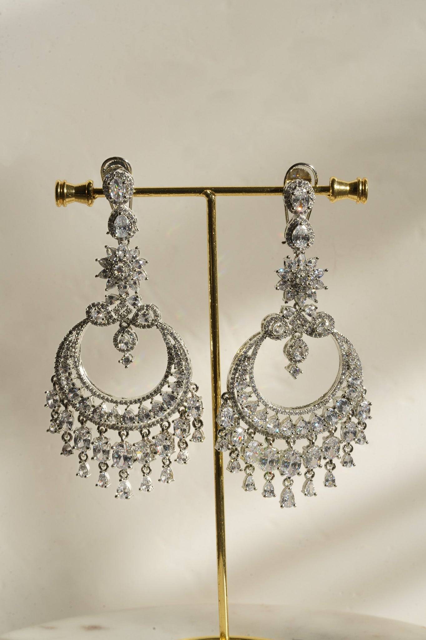 Misha Diamanté Accent Statement Chandelier Earrings - 4 inches long, 2 inches wide, with Diamante accents and AD stones, perfect for any elegant ensemble.