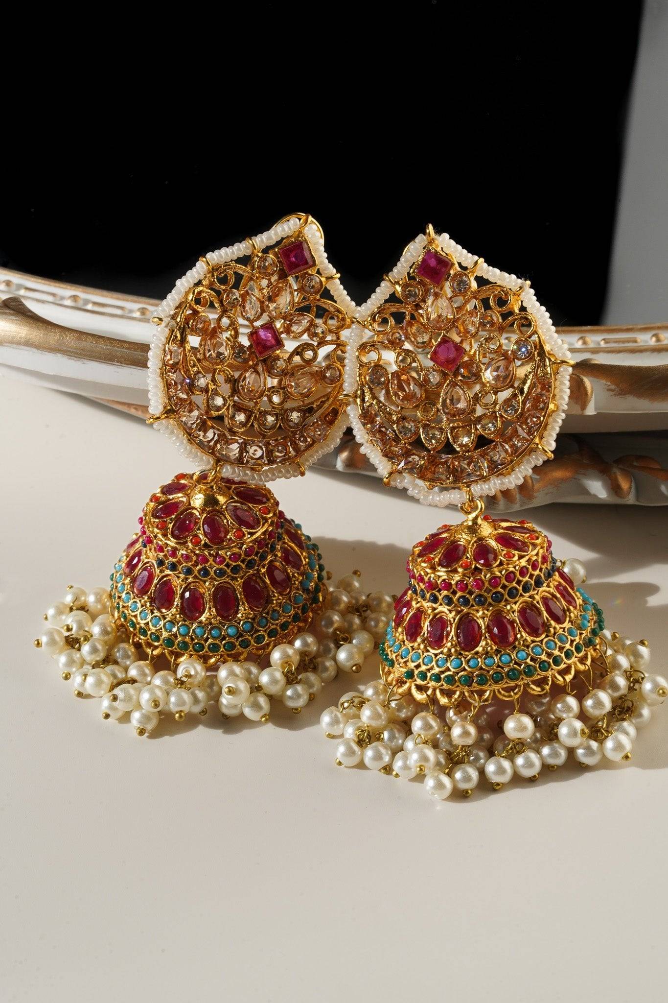 Mishti - Navratan Paan Shaped Jhumka - Inaury - Gold & Ruby - - All - Earrings - Featured