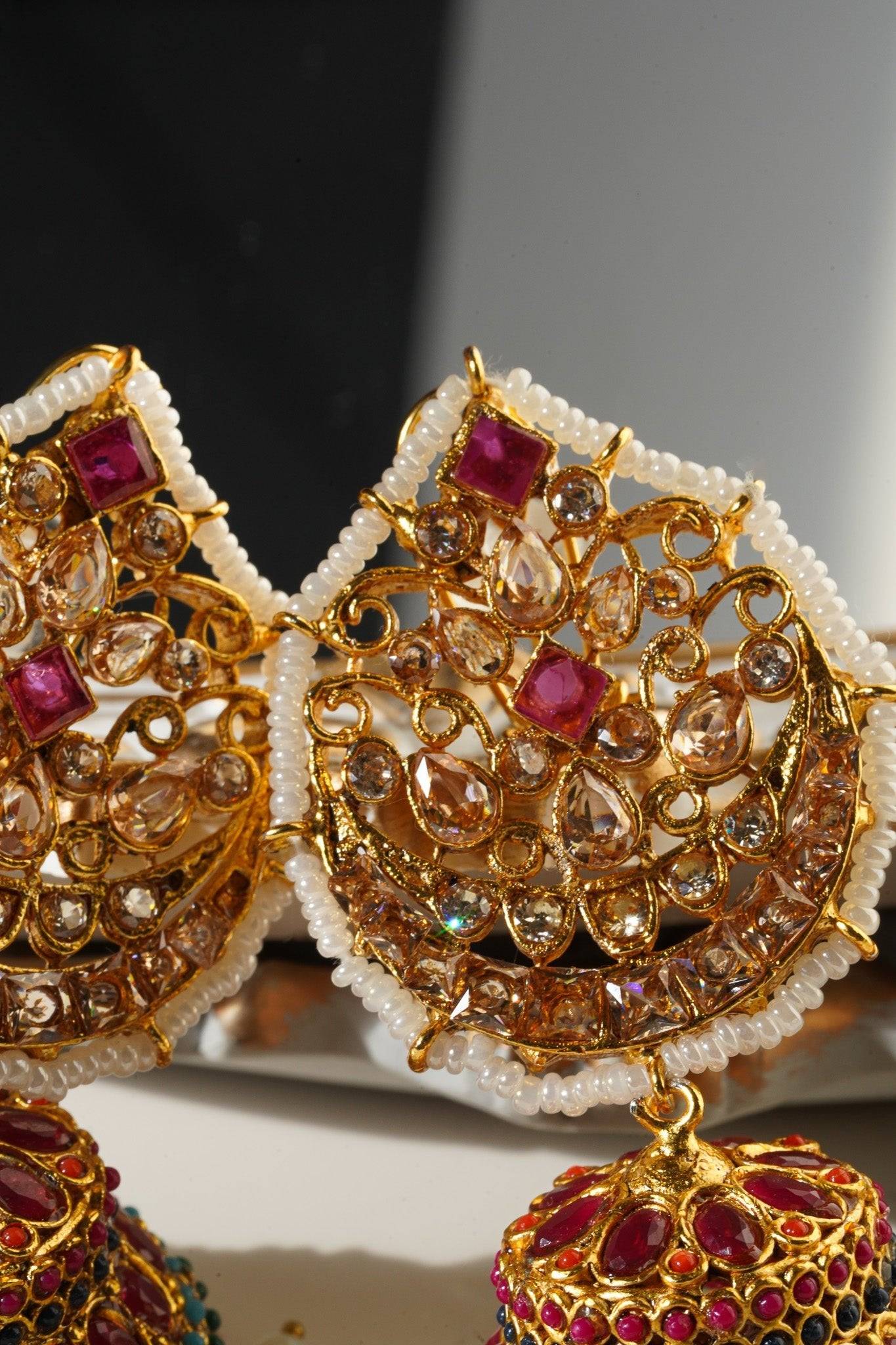 Mishti - Navratan Paan Shaped Jhumka - Inaury - Gold & Ruby - - All - Earrings - Featured