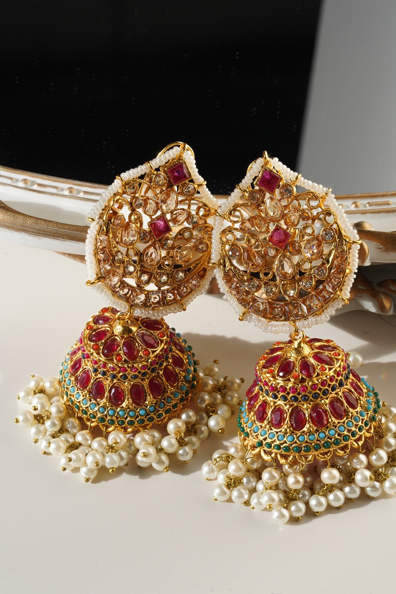 Mishti - Navratan Paan Shaped Jhumka - Inaury - Gold & Ruby - - All - Earrings - Featured