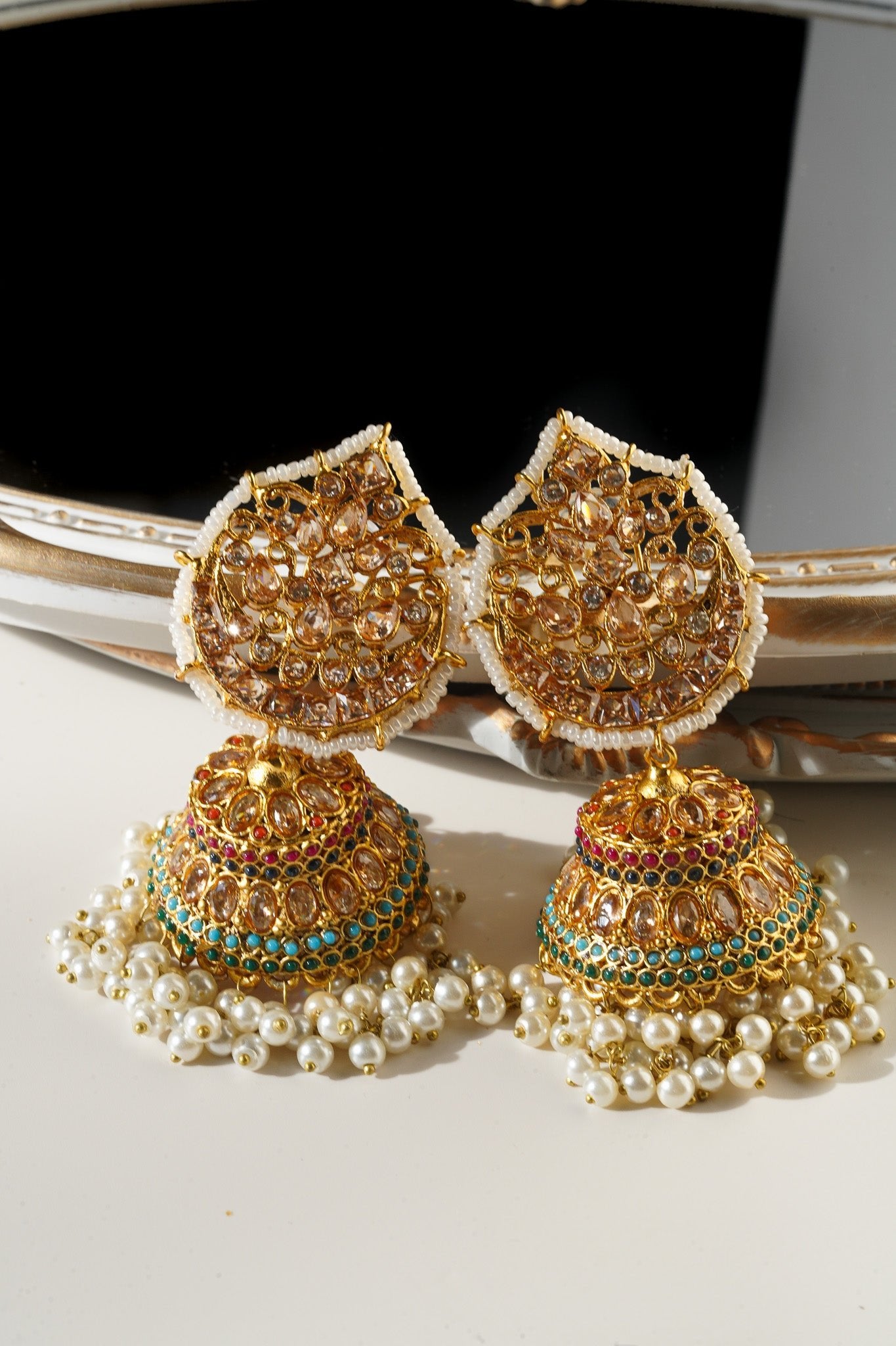 Mishti - Navratan Paan Shaped Jhumka - Inaury - Gold & White - - All - Earrings - Featured