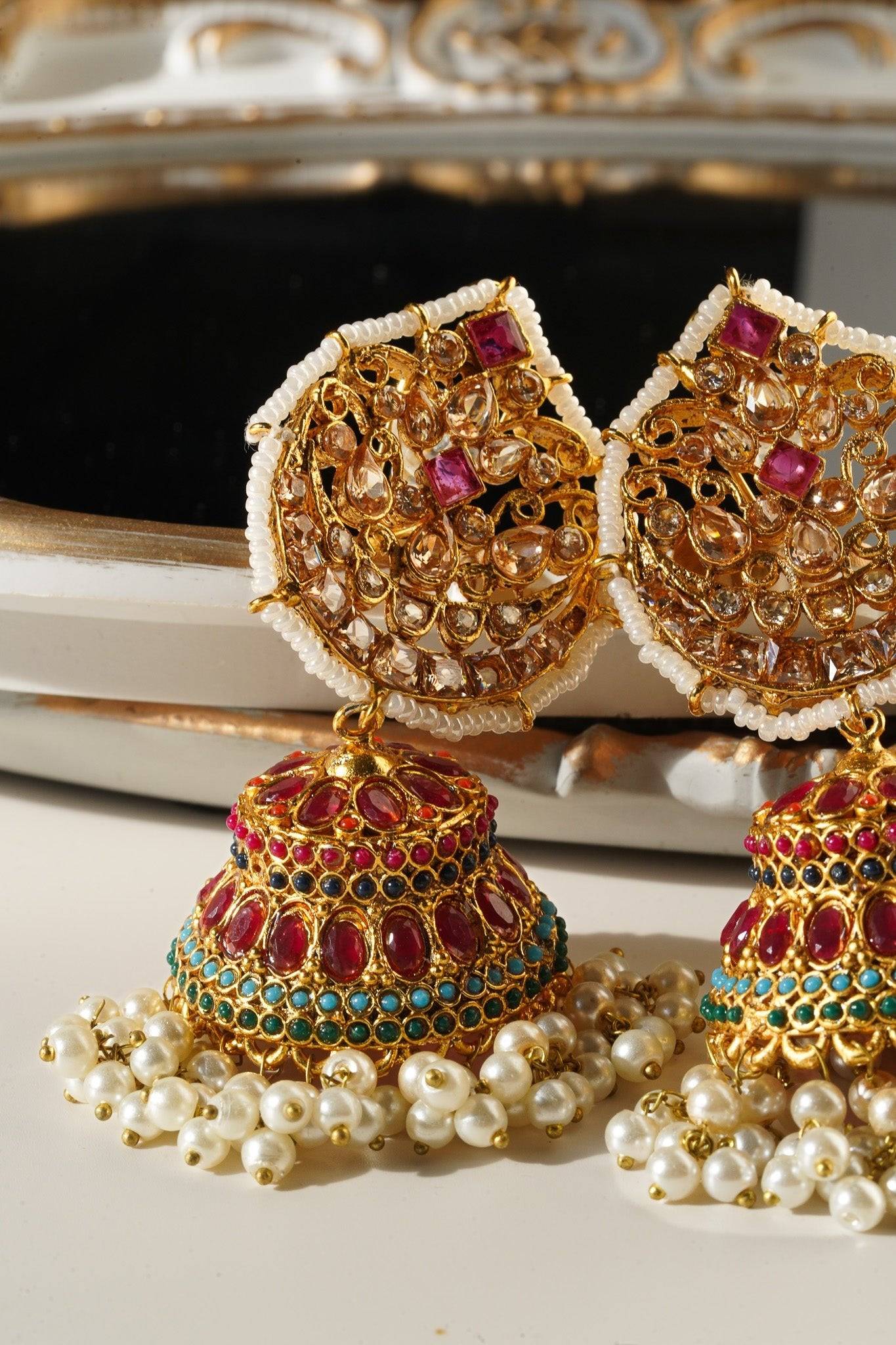 Mishti - Navratan Paan Shaped Jhumka - Inaury - Gold & Ruby - - All - Earrings - Featured