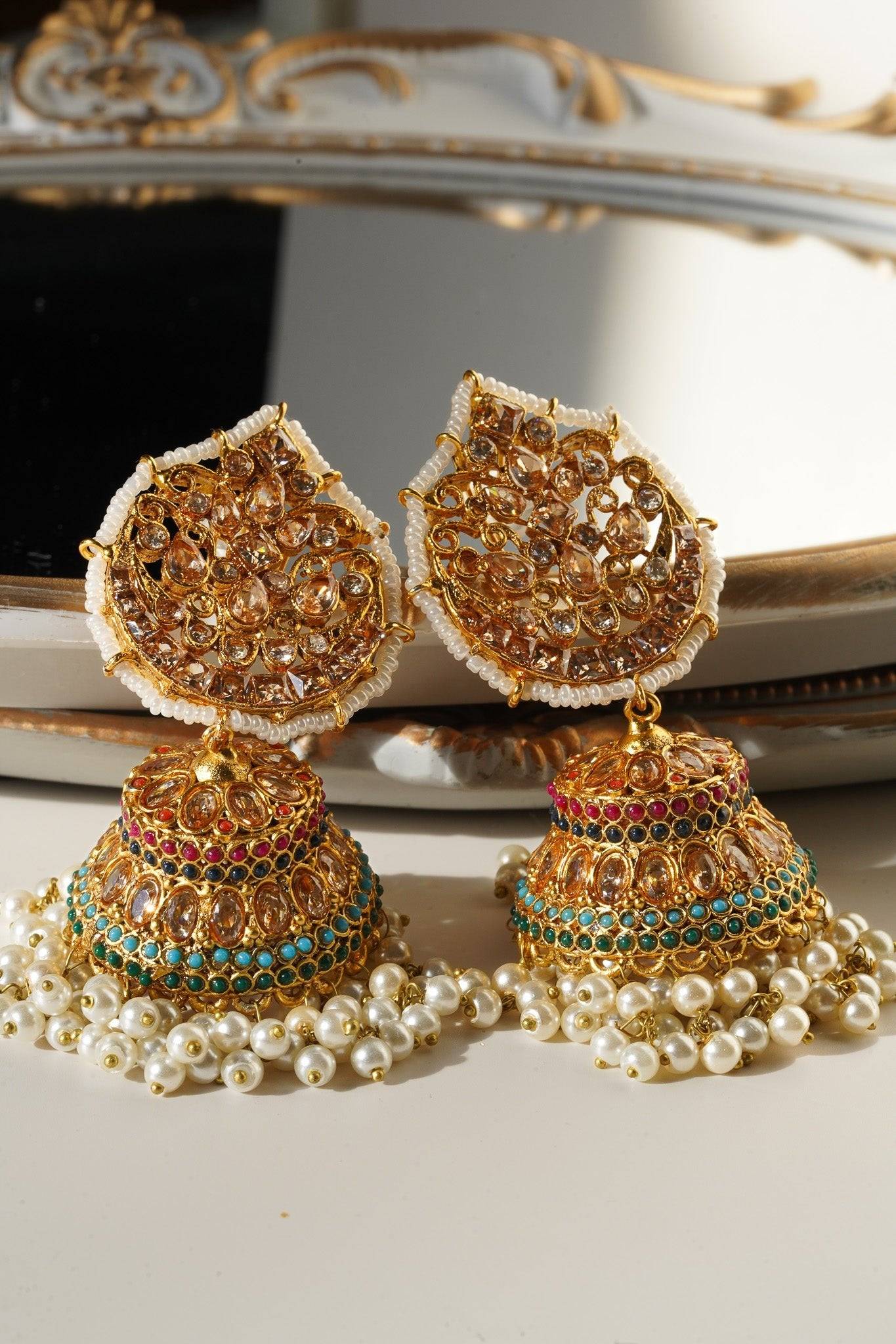 Mishti - Navratan Paan Shaped Jhumka - Inaury - Gold & White - - All - Earrings - Featured