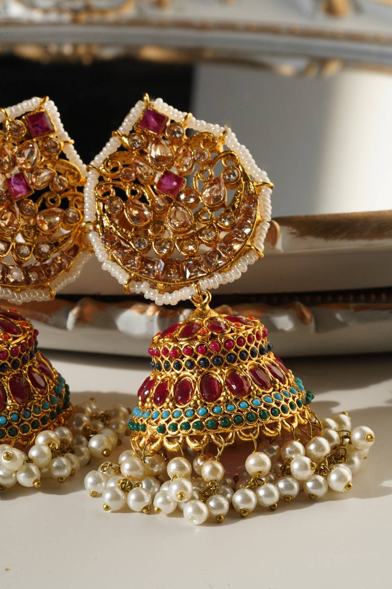 Mishti - Navratan Paan Shaped Jhumka - Inaury - Gold & Ruby - - All - Earrings - Featured