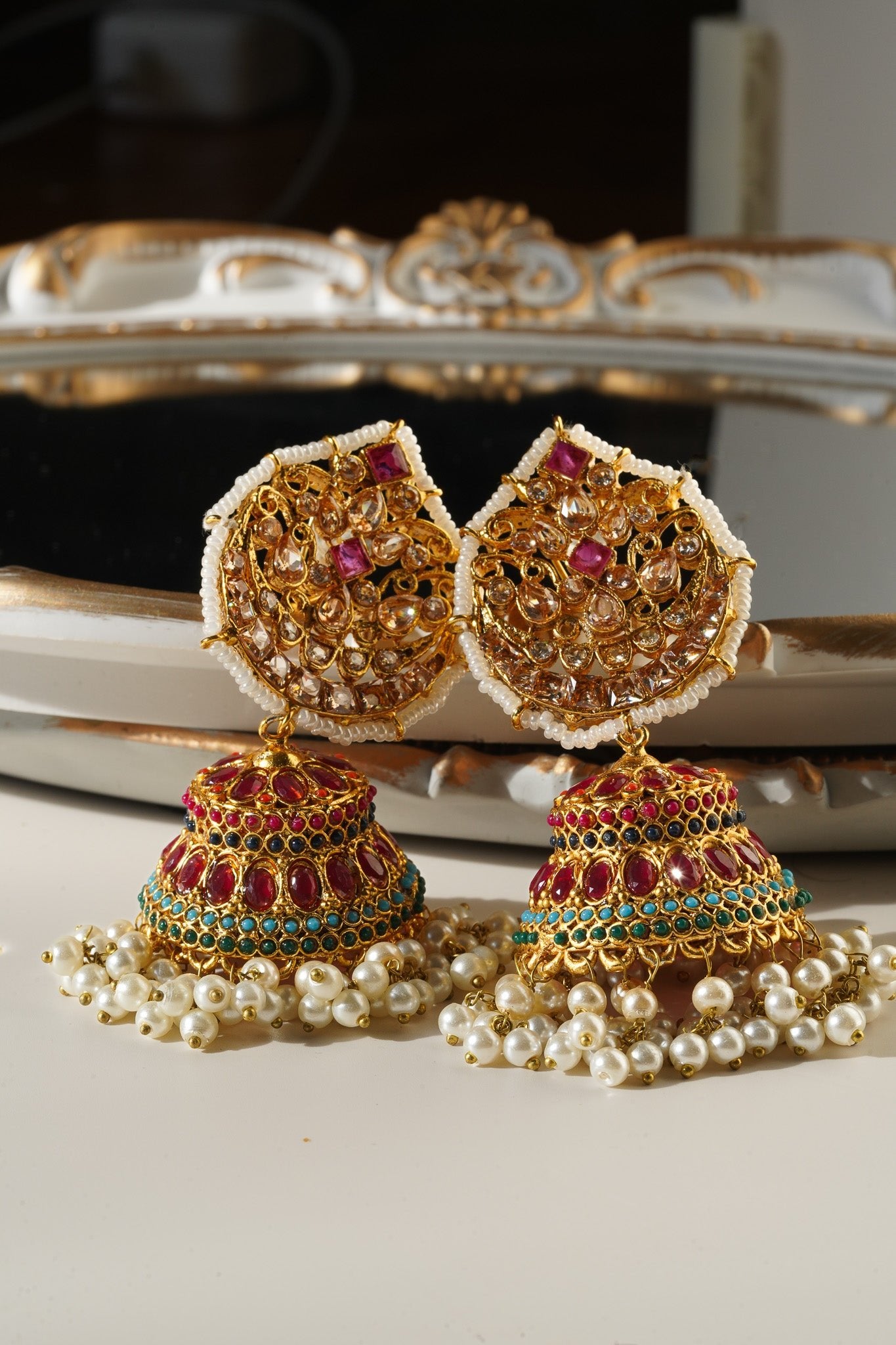 Mishti - Navratan Paan Shaped Jhumka - Inaury - Gold & Ruby - - All - Earrings - Featured