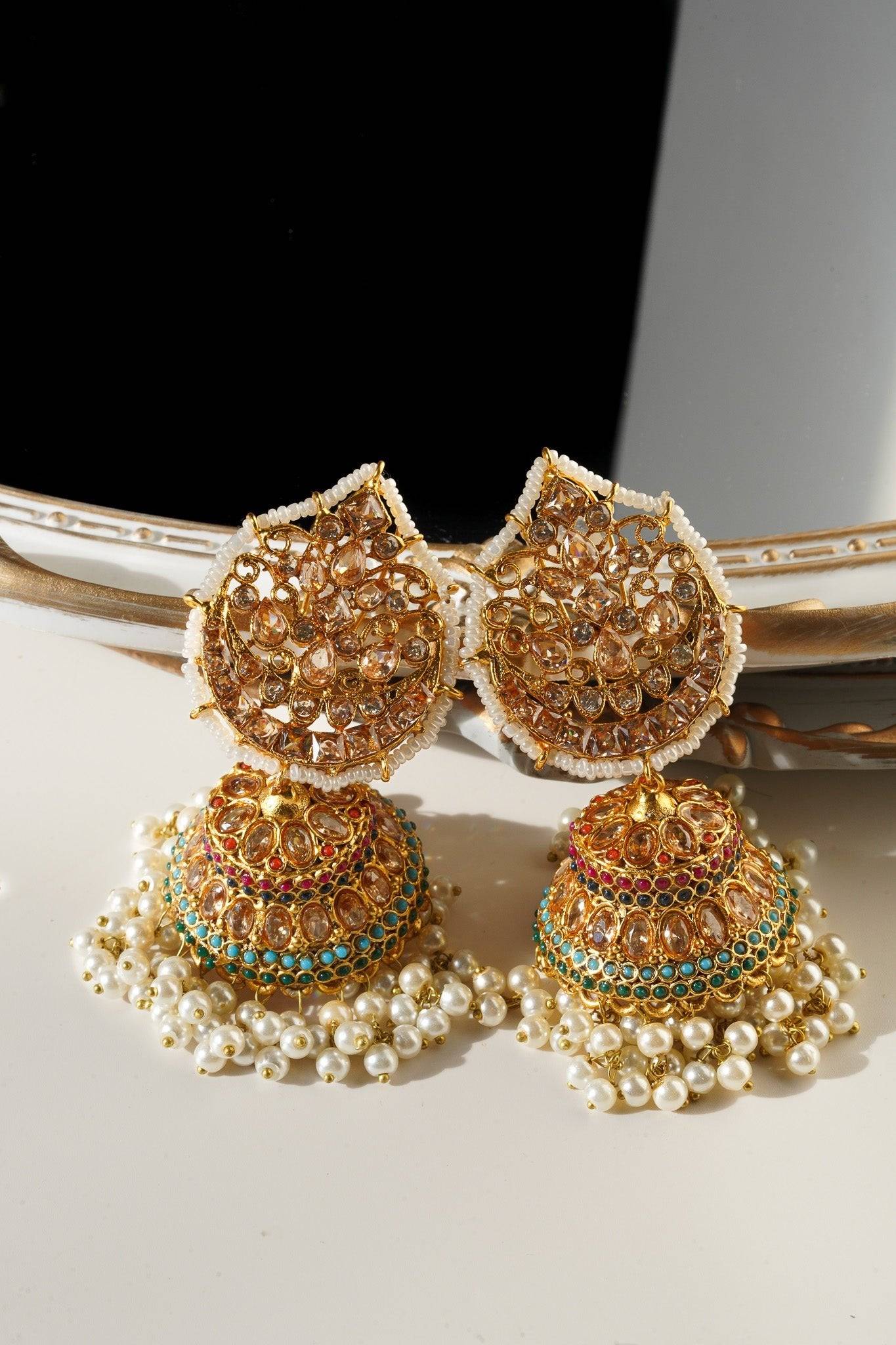 Mishti - Navratan Paan Shaped Jhumka - Inaury - Gold & White - - All - Earrings - Featured