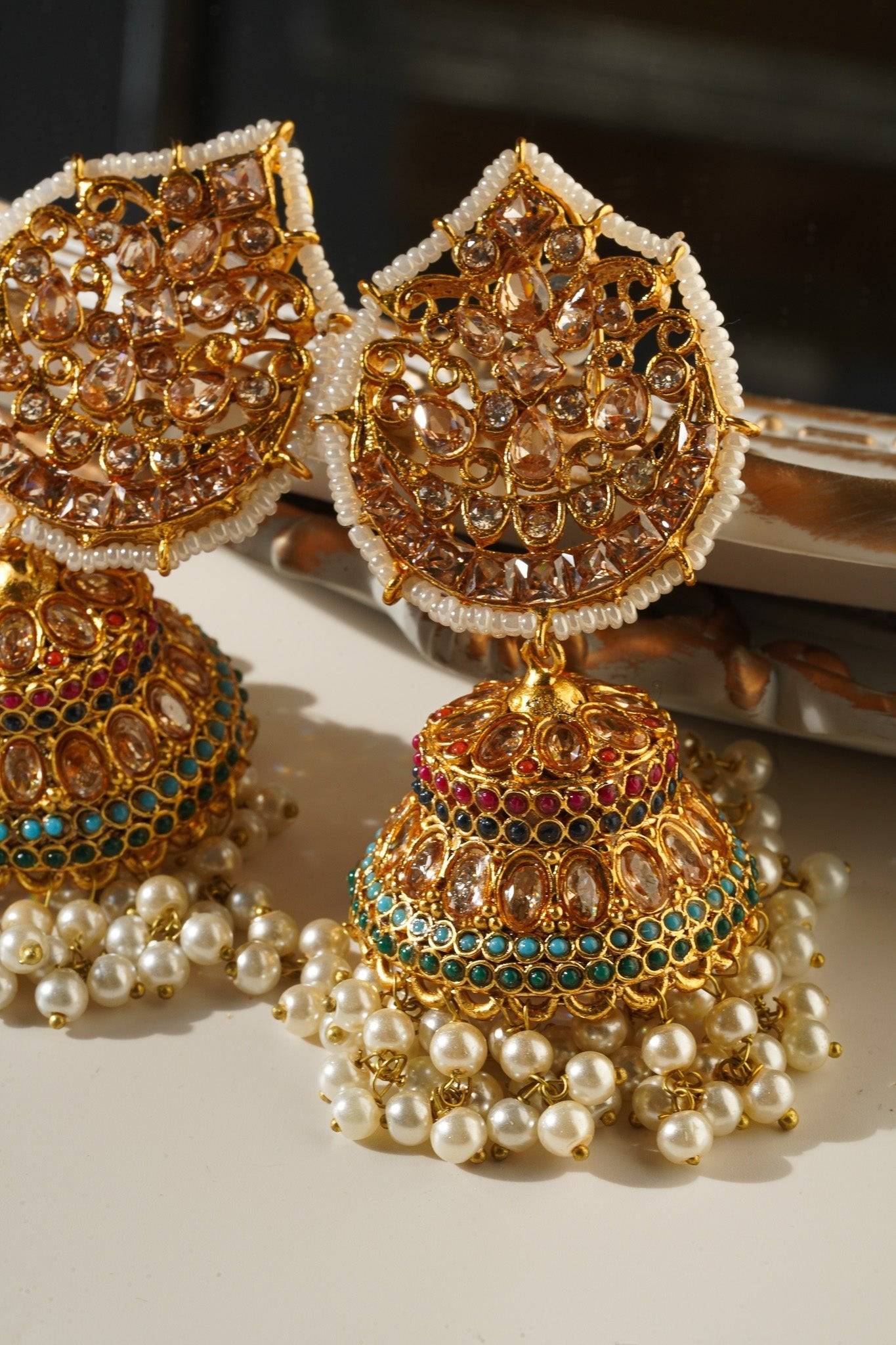 Mishti - Navratan Paan Shaped Jhumka - Inaury - Gold & White - - All - Earrings - Featured