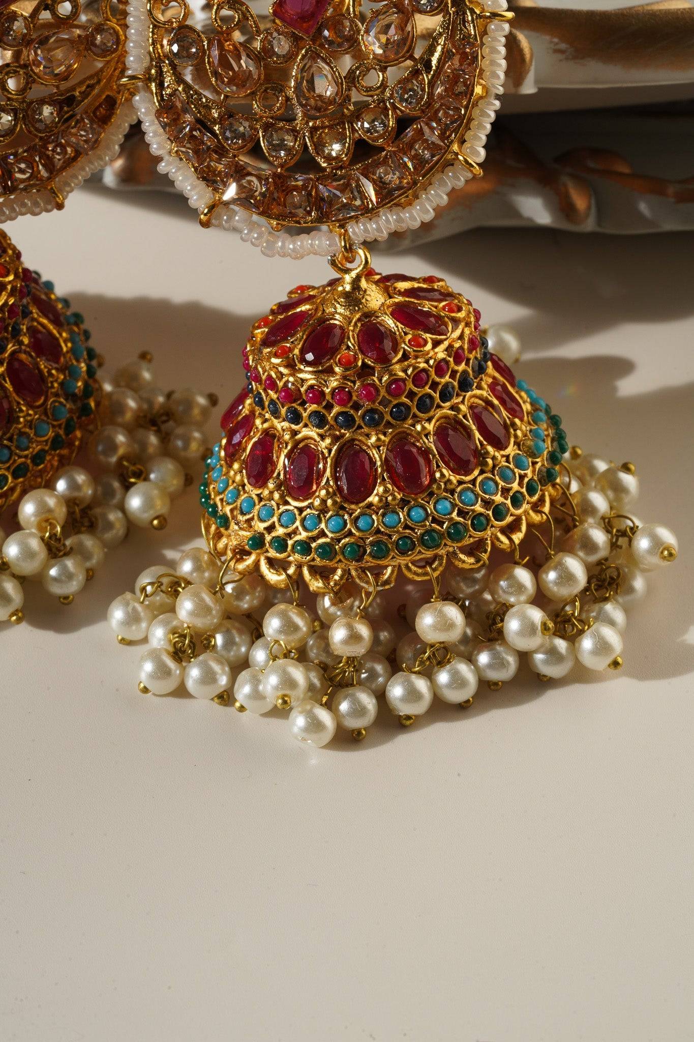 Mishti - Navratan Paan Shaped Jhumka - Inaury - Gold & Ruby - - All - Earrings - Featured