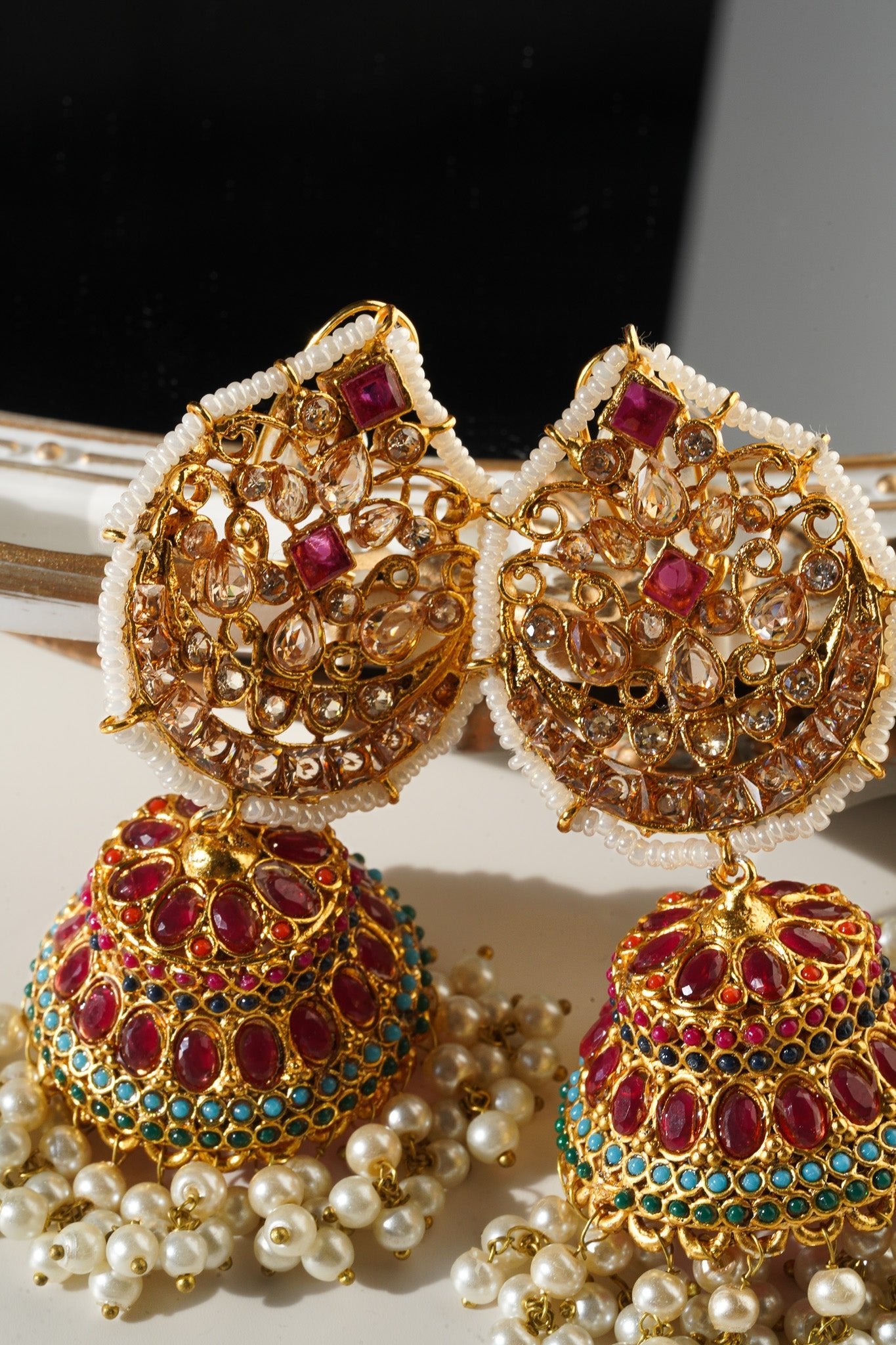 Mishti - Navratan Paan Shaped Jhumka - Inaury - Gold & Ruby - - All - Earrings - Featured