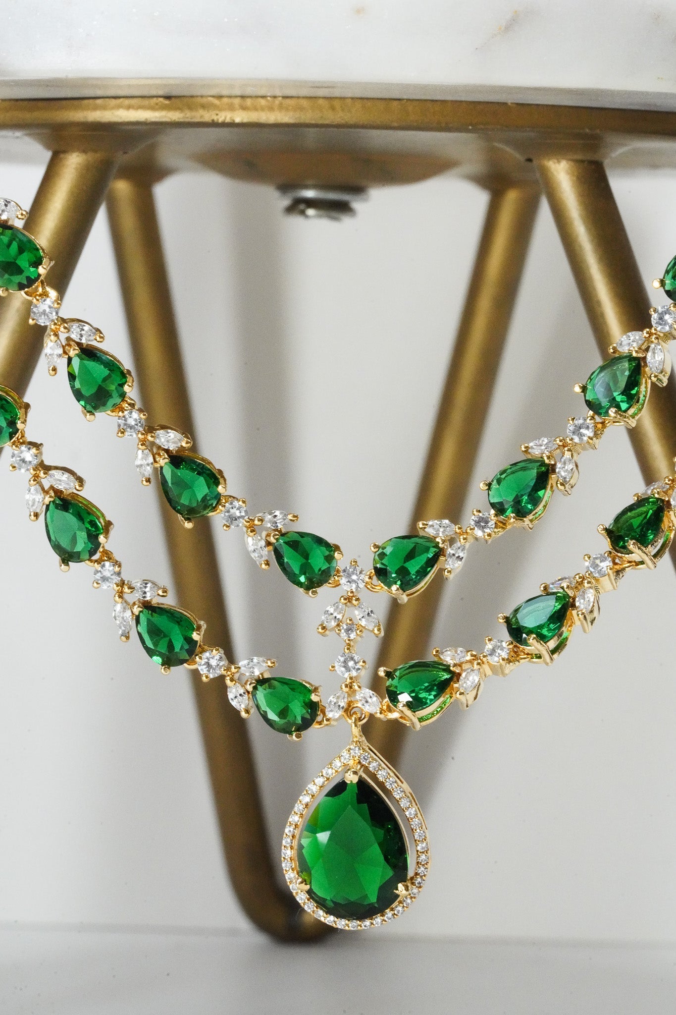 Emerald green double layer gold diamanté necklace set for Indian weddings by Inaury