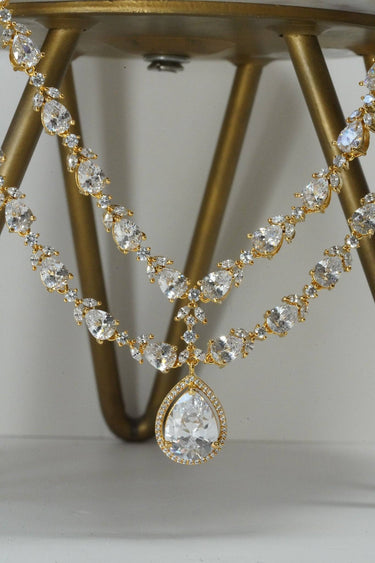 White and gold double layer diamanté necklace set for Indian weddings by Inaury