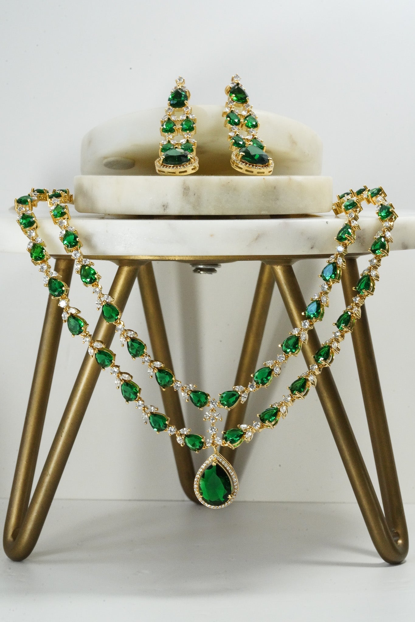 Emerald green double layer gold diamanté necklace set for Indian weddings by Inaury