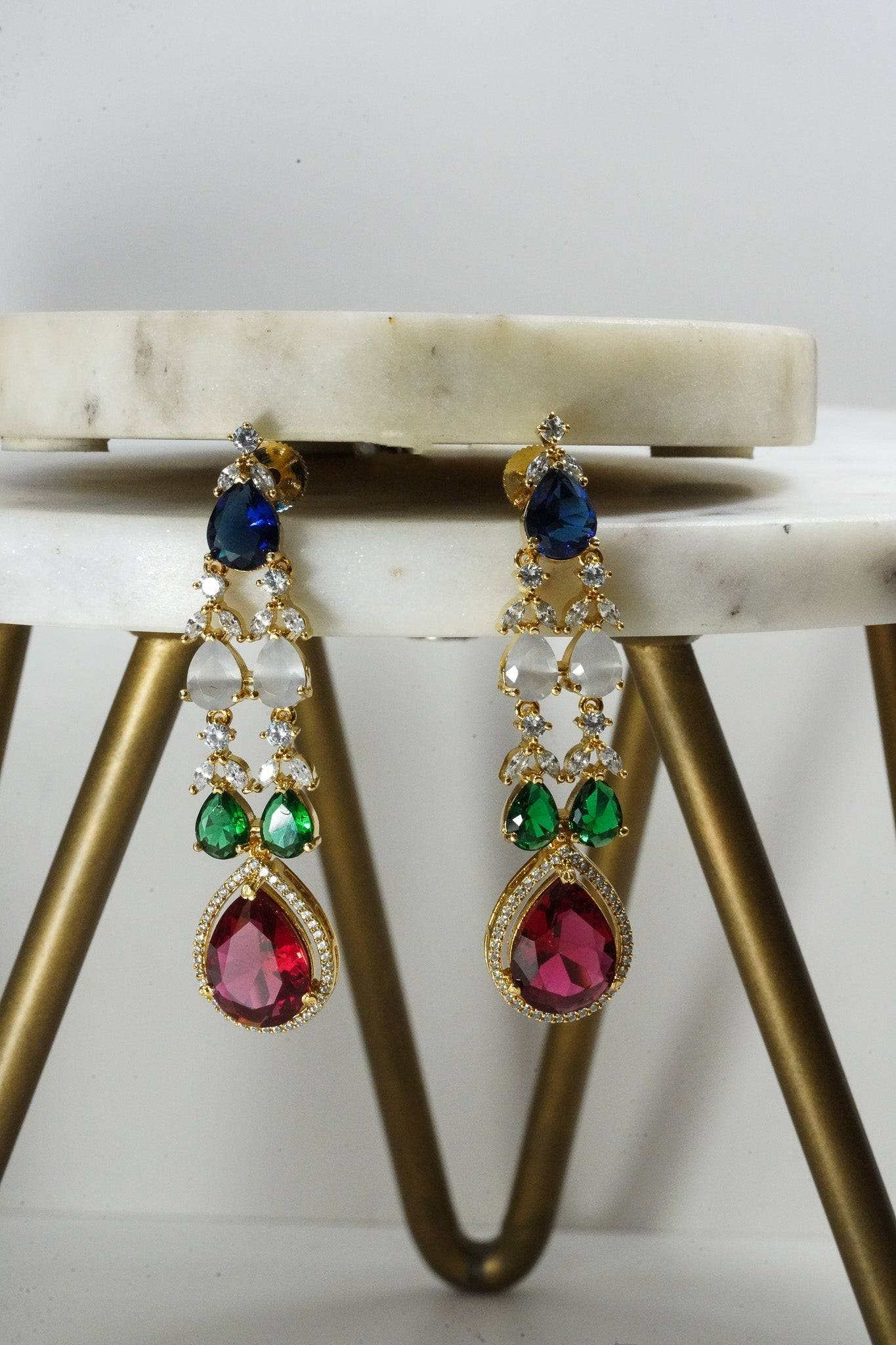 Multicolor double layer gold diamanté necklace set for Indian weddings by Inaury