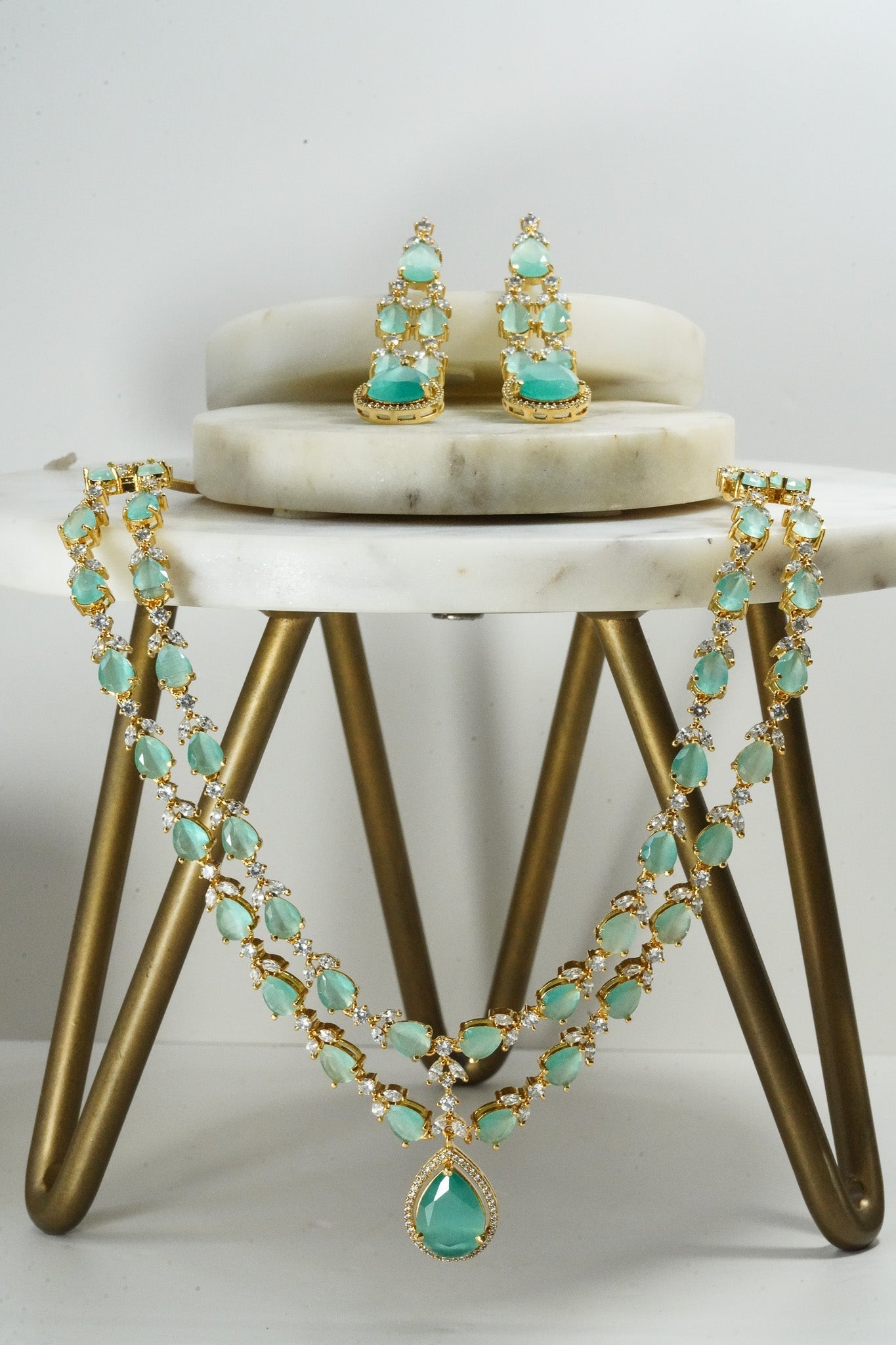 Mint green double layer gold diamanté necklace set for Indian weddings by Inaury