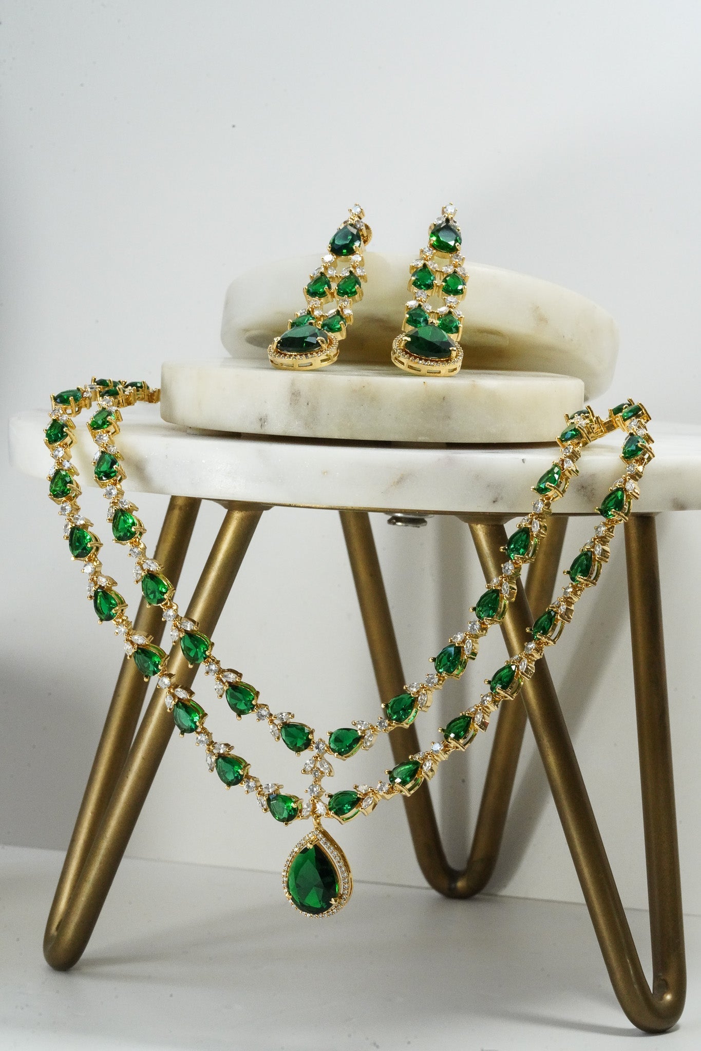 Emerald green double layer gold diamanté necklace set for Indian weddings by Inaury