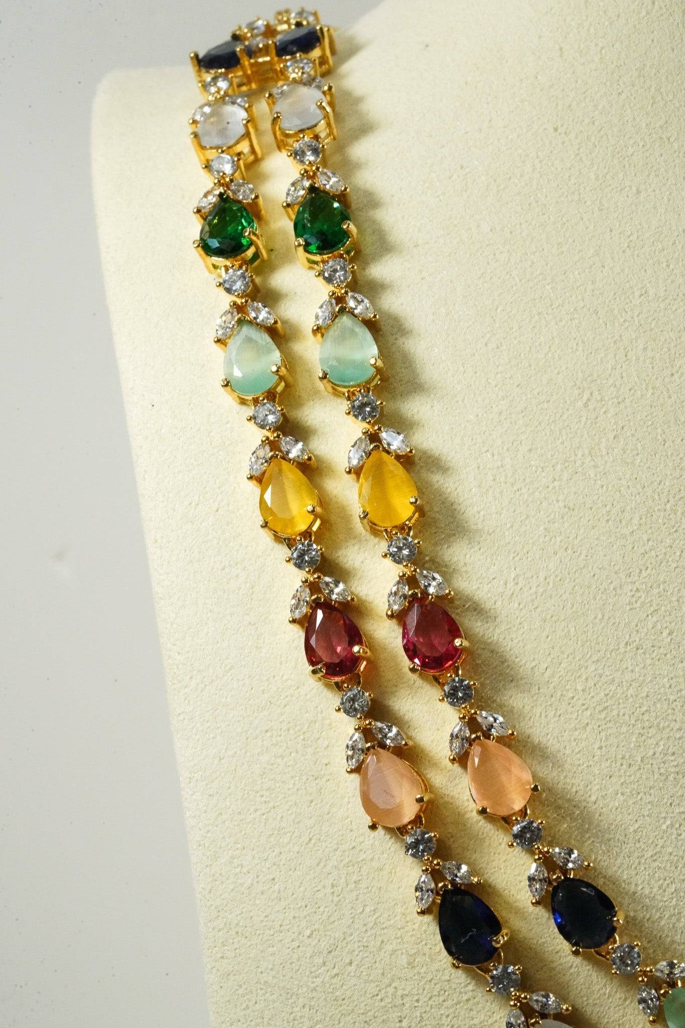 Multicolor double layer gold diamanté necklace set for Indian weddings by Inaury