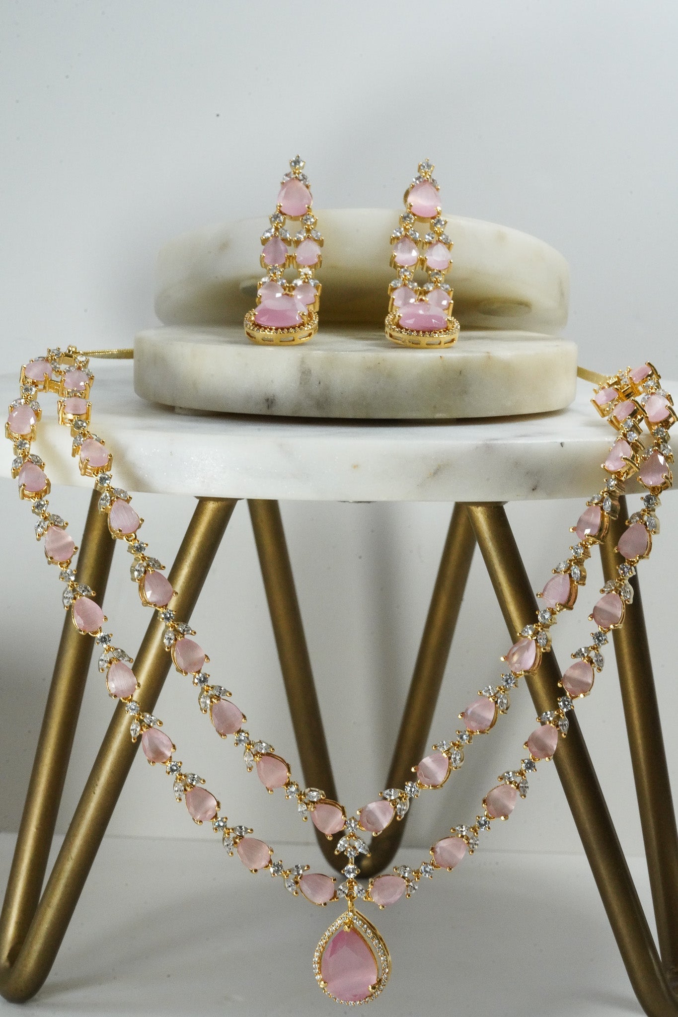 Light pink double layer gold diamanté necklace set for Indian weddings by Inaury