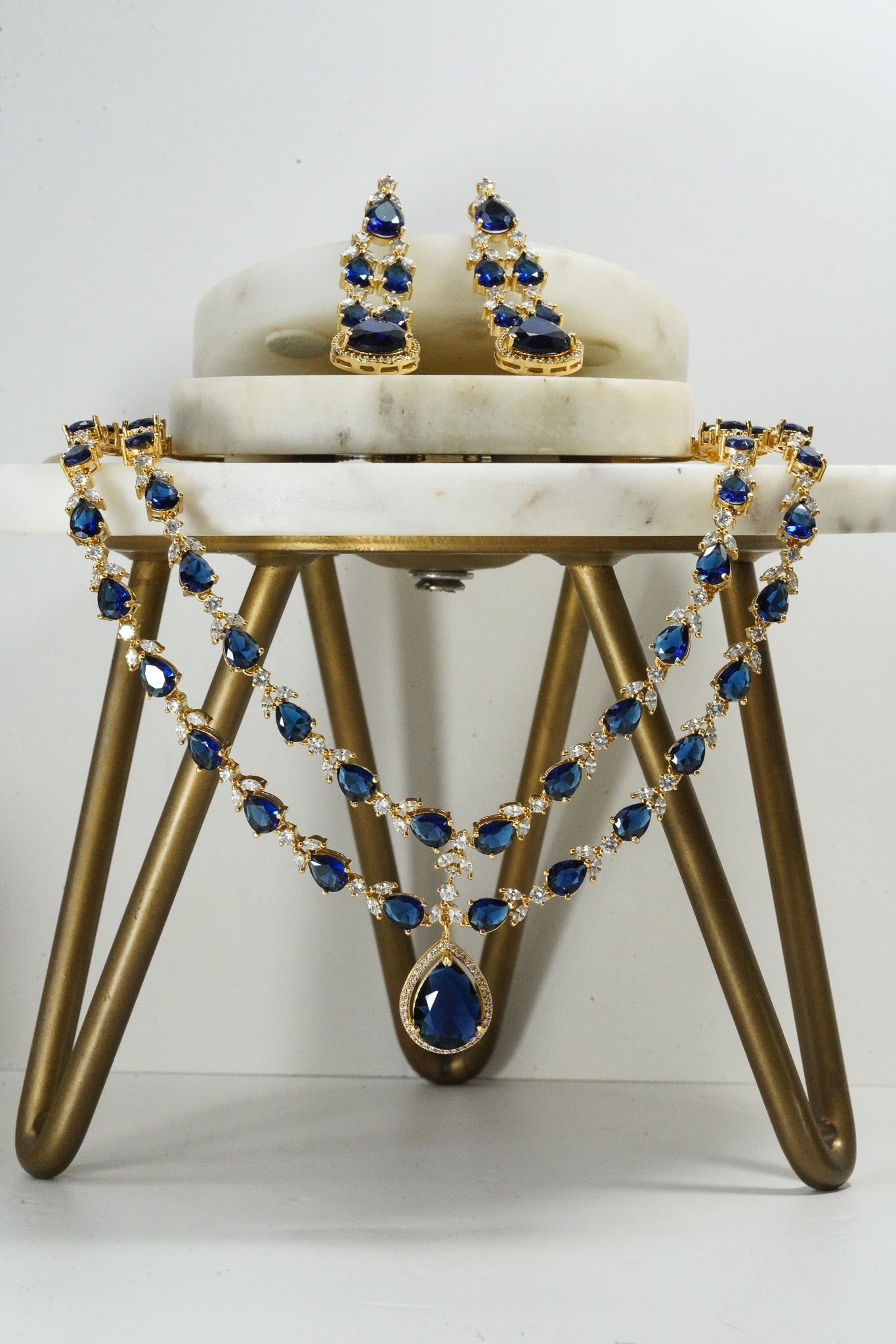 Sapphire blue double layer gold diamanté necklace set for Indian weddings by Inaury