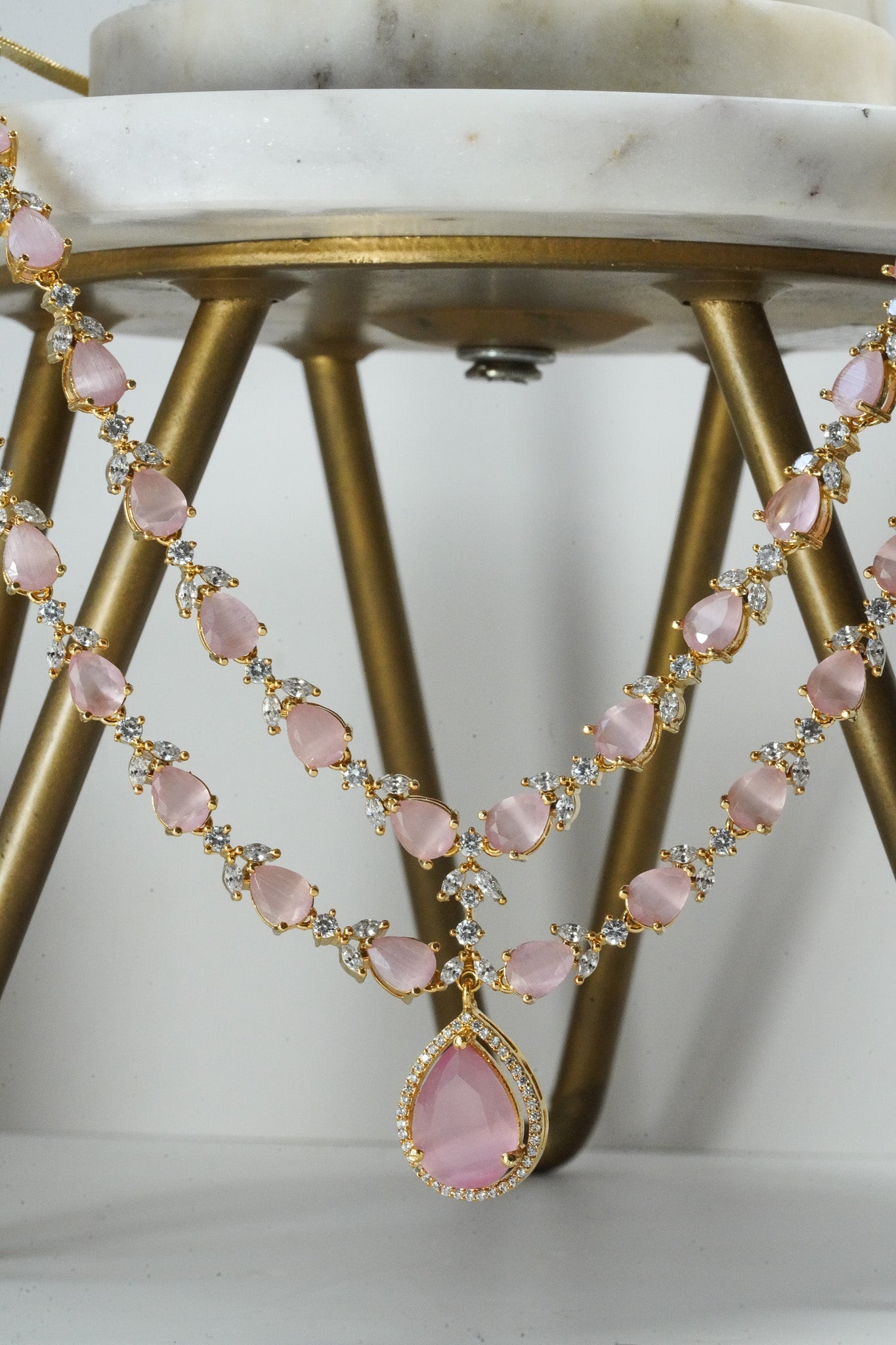 Light pink double layer gold diamanté necklace set for Indian weddings by Inaury