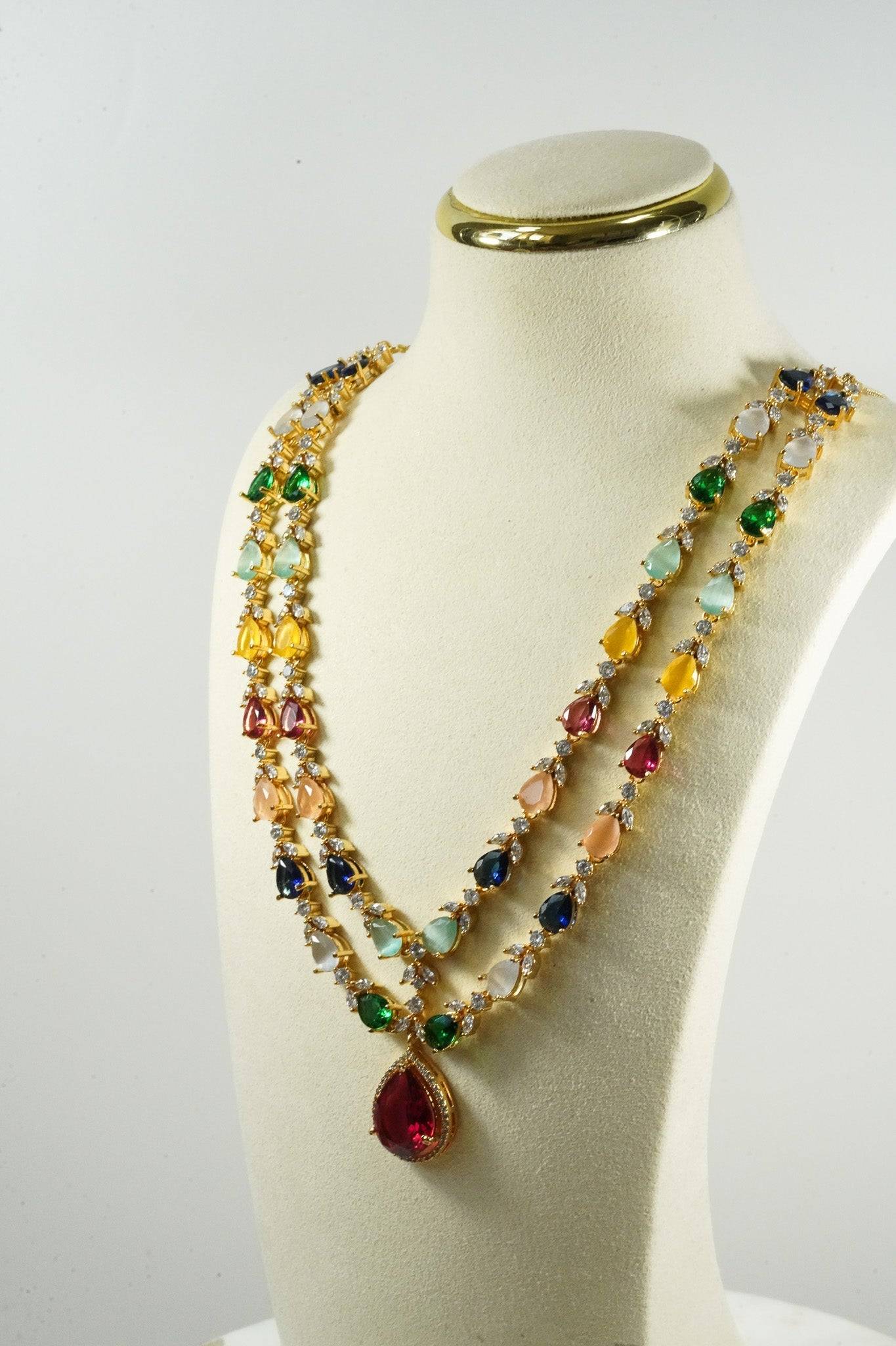 Multicolor double layer gold diamanté necklace set for Indian weddings by Inaury
