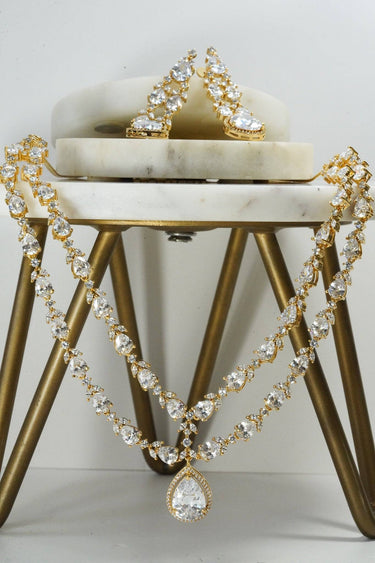 White and gold double layer diamanté necklace set for Indian weddings by Inaury