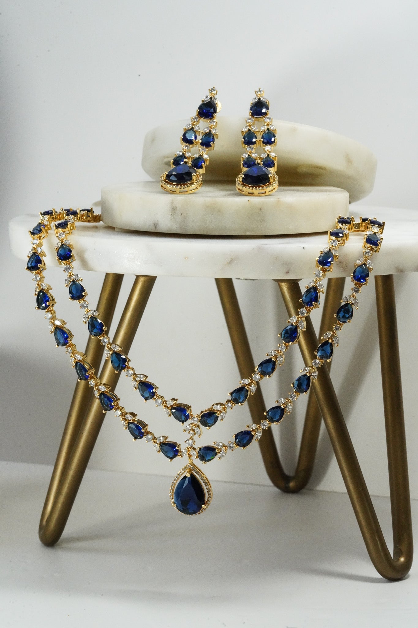 Sapphire blue double layer gold diamanté necklace set for Indian weddings by Inaury