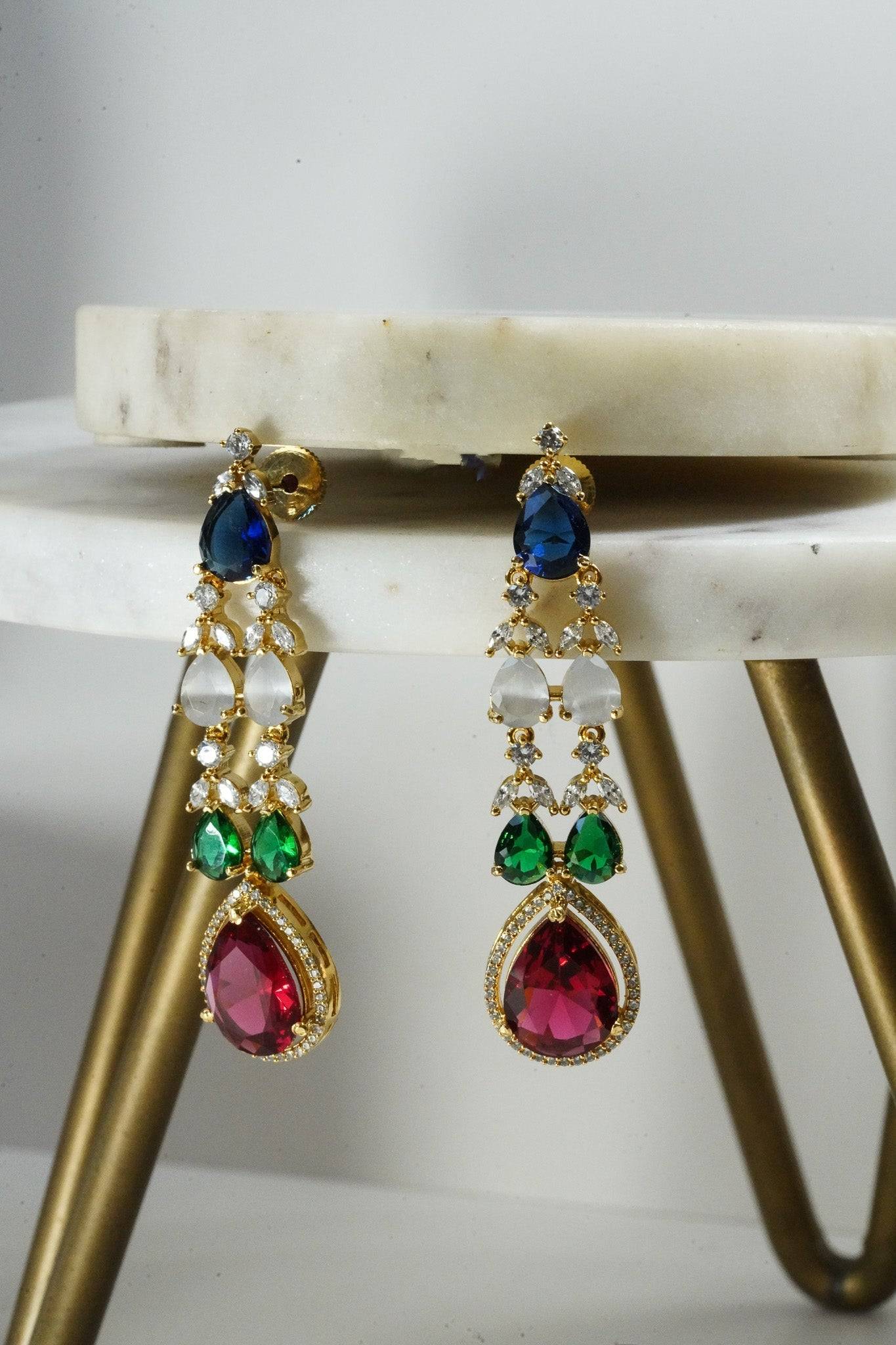 Multicolor double layer gold diamanté necklace set for Indian weddings by Inaury