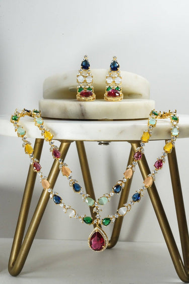 Multicolor double layer gold diamanté necklace set for Indian weddings by Inaury