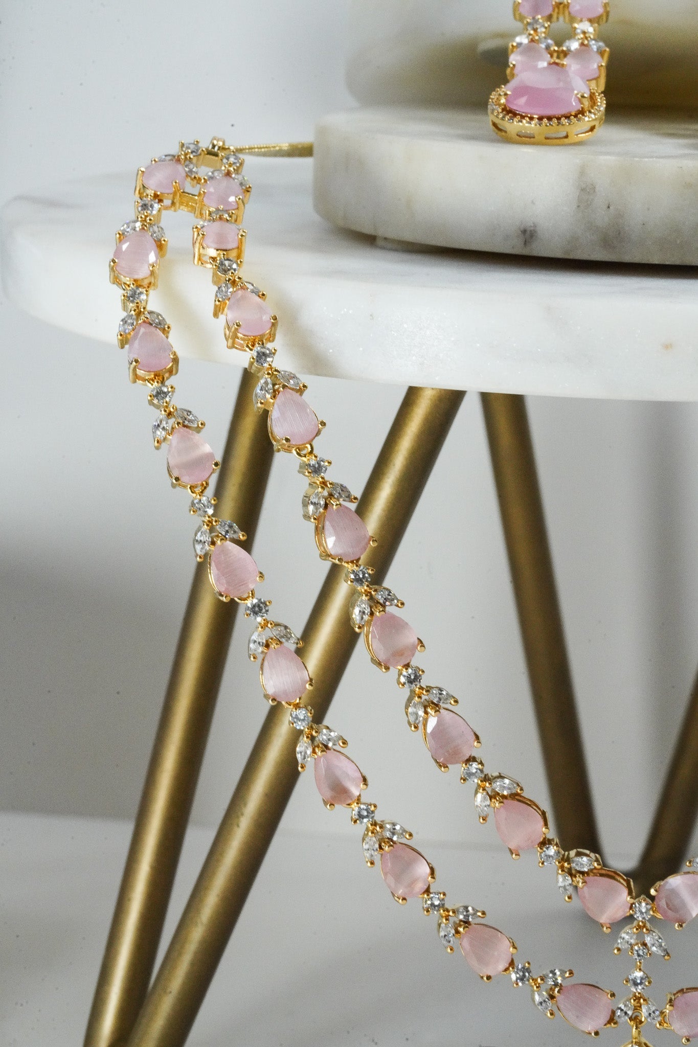 Light pink double layer gold diamanté necklace set for Indian weddings by Inaury