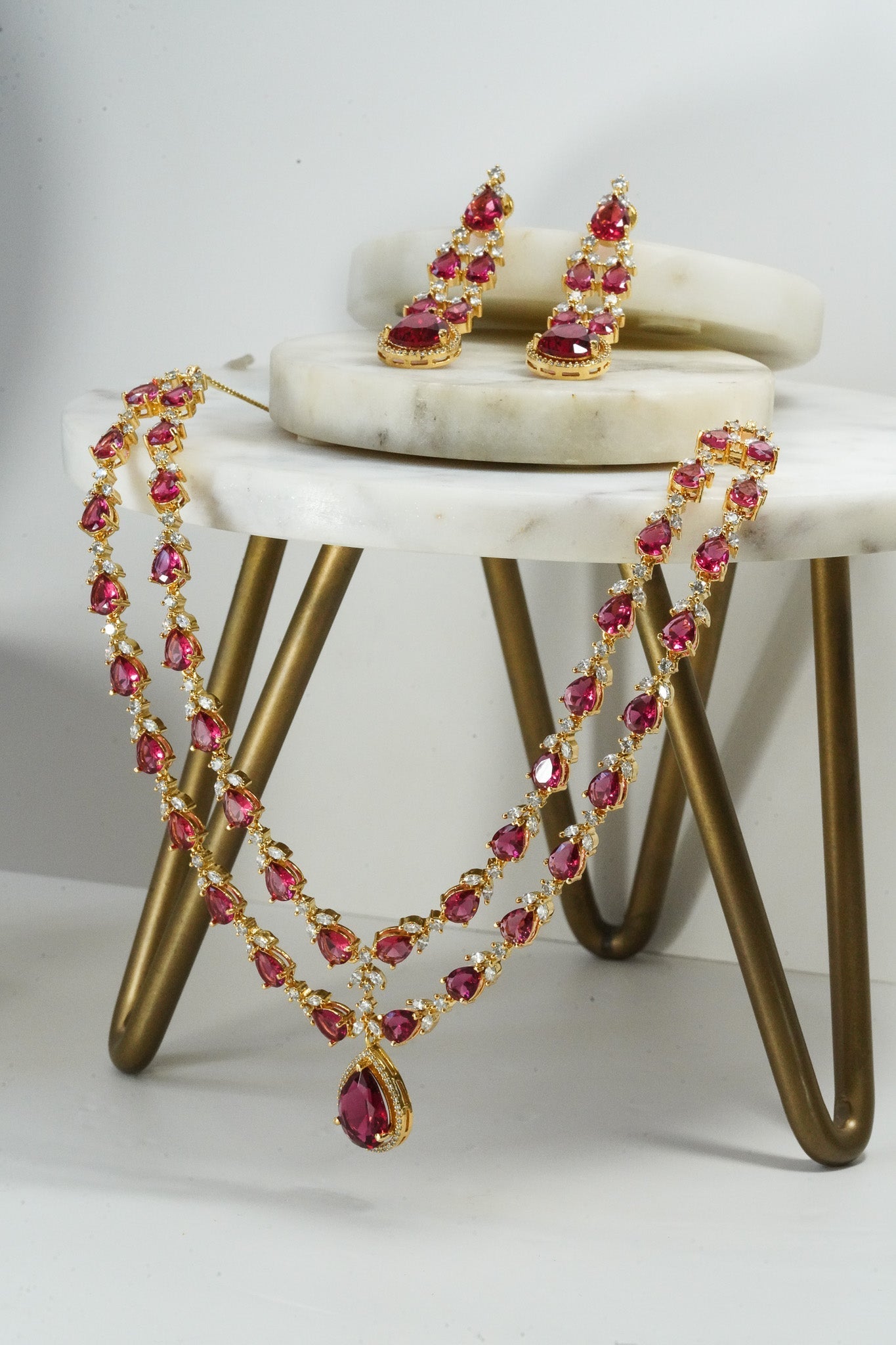 Ruby red double layer gold diamanté necklace set for Indian weddings by Inaury