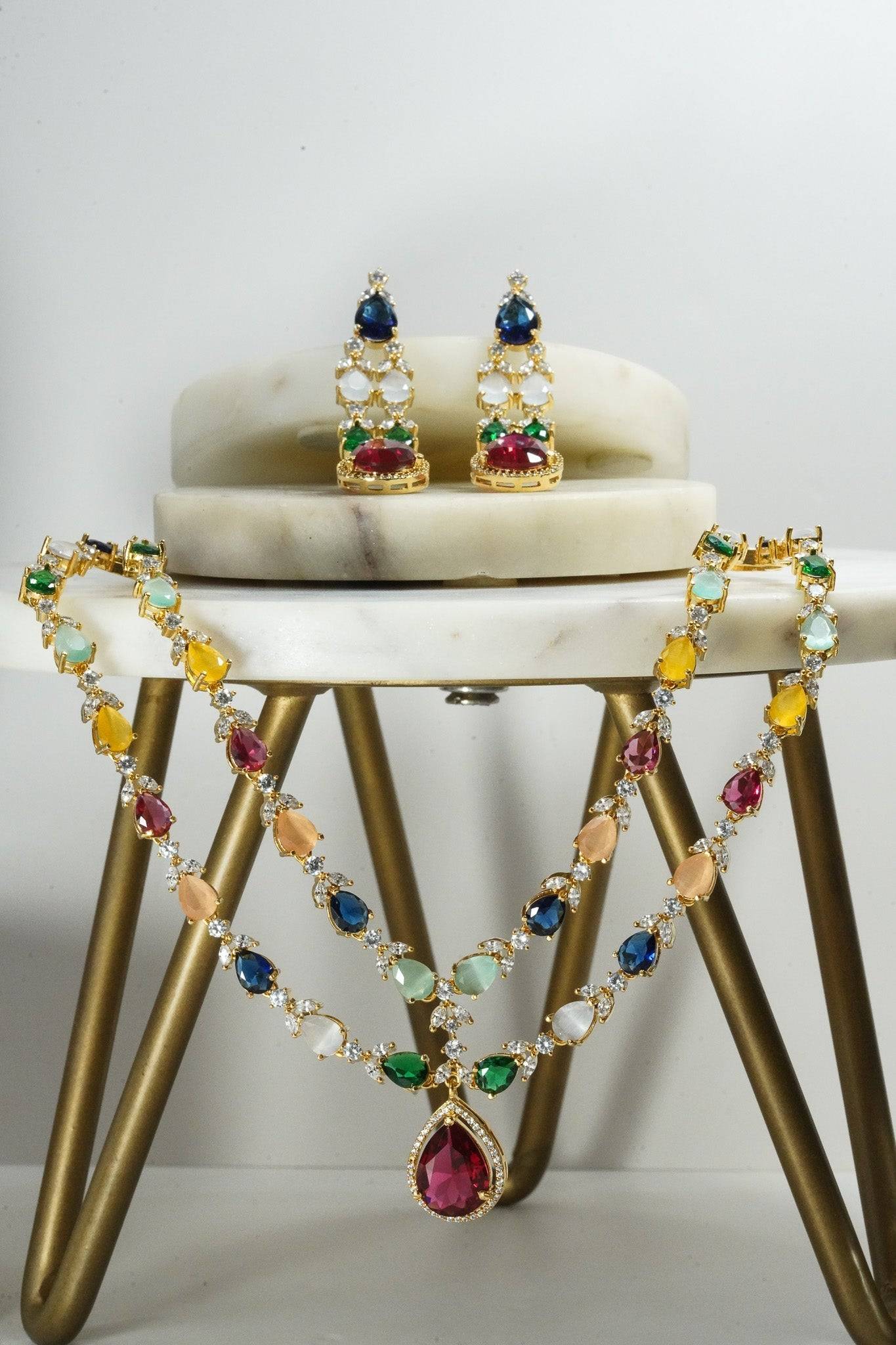 Multicolor double layer gold diamanté necklace set for Indian weddings by Inaury