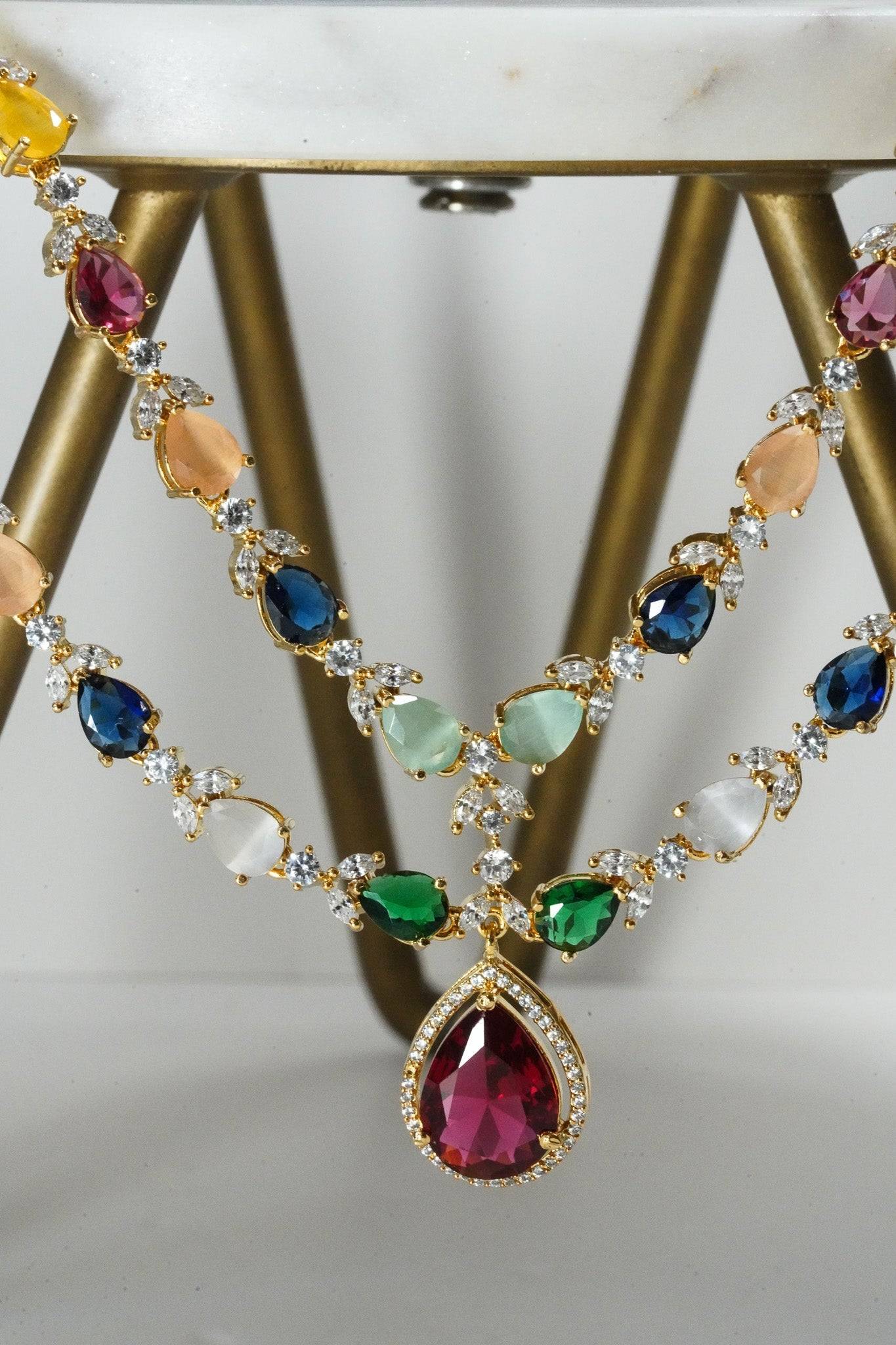 Multicolor double layer gold diamanté necklace set for Indian weddings by Inaury