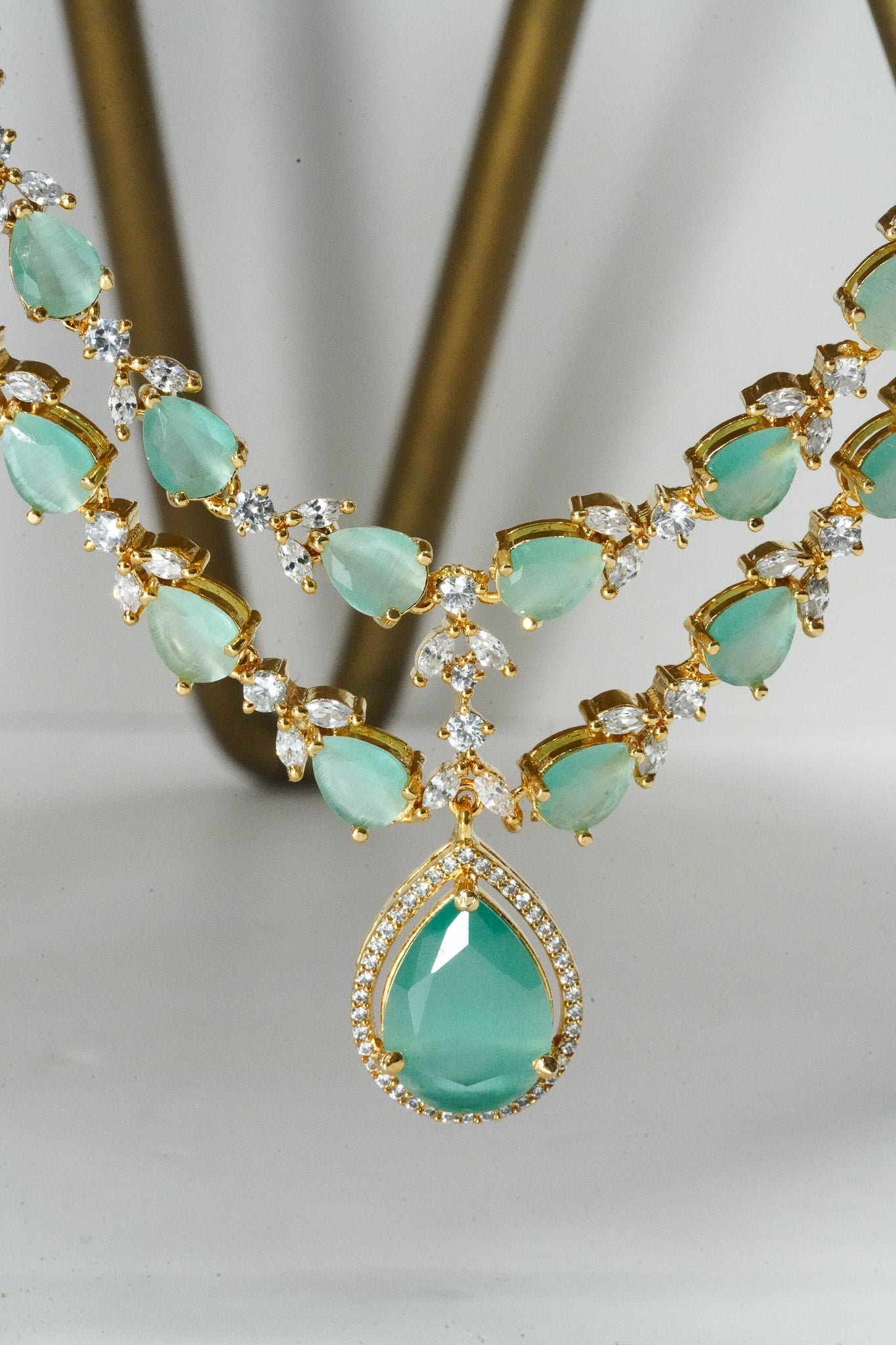 Mint green double layer gold diamanté necklace set for Indian weddings by Inaury