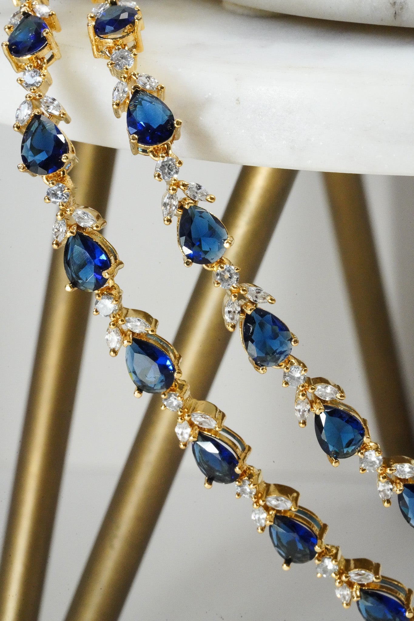 Sapphire blue double layer gold diamanté necklace set for Indian weddings by Inaury