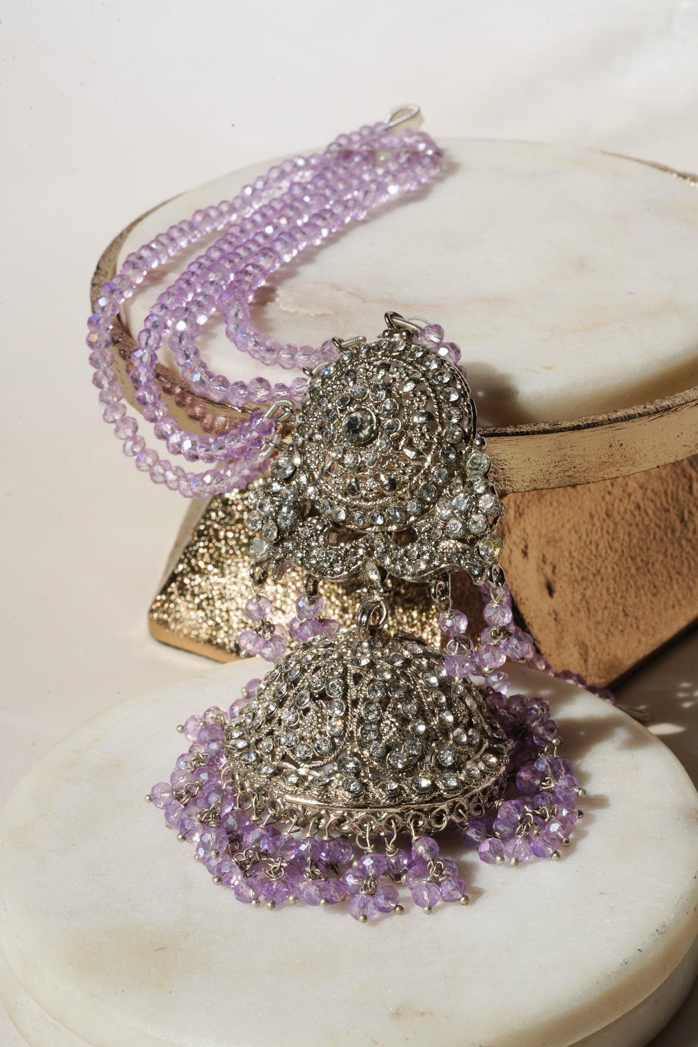 Lavender beaded earrings from Namar Necklace Set with intricate CZ detailing, perfect for traditional outfits.