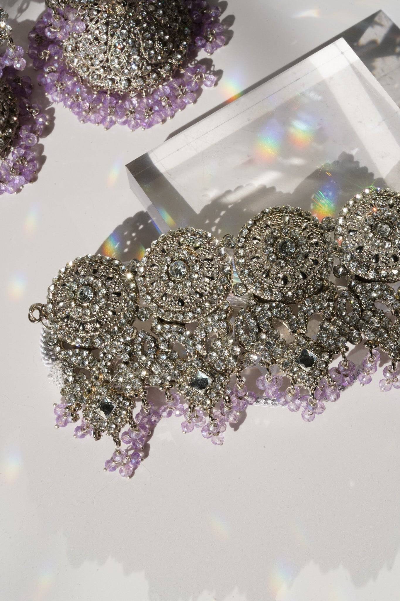 Lavender beaded choker from Namar Silver Plated AD Indian Choker Necklace Set with CZ stone detailing.