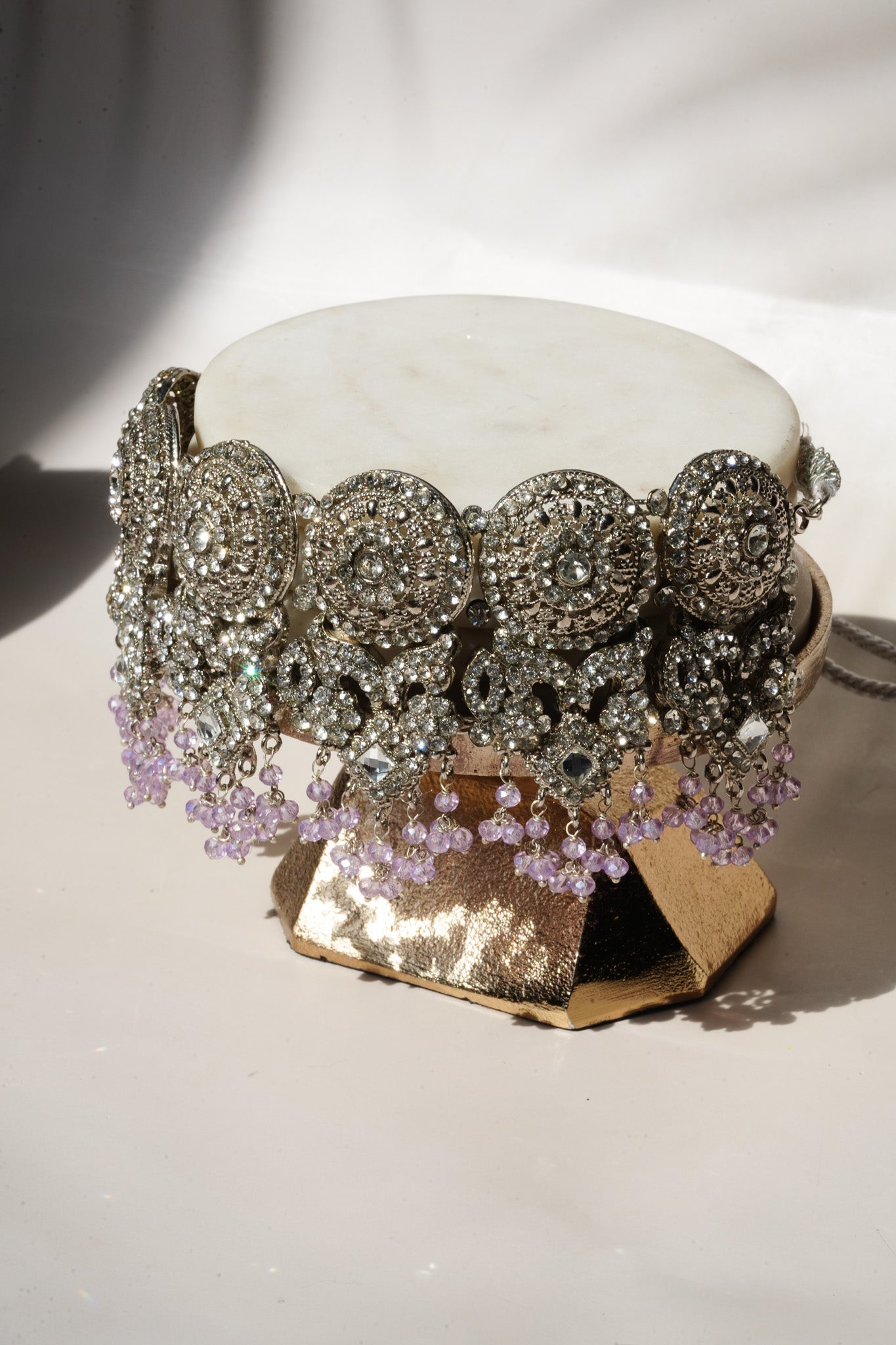 Lavender beaded choker from Namar Necklace Set displayed on gold base, ideal for bridal and festive occasions.