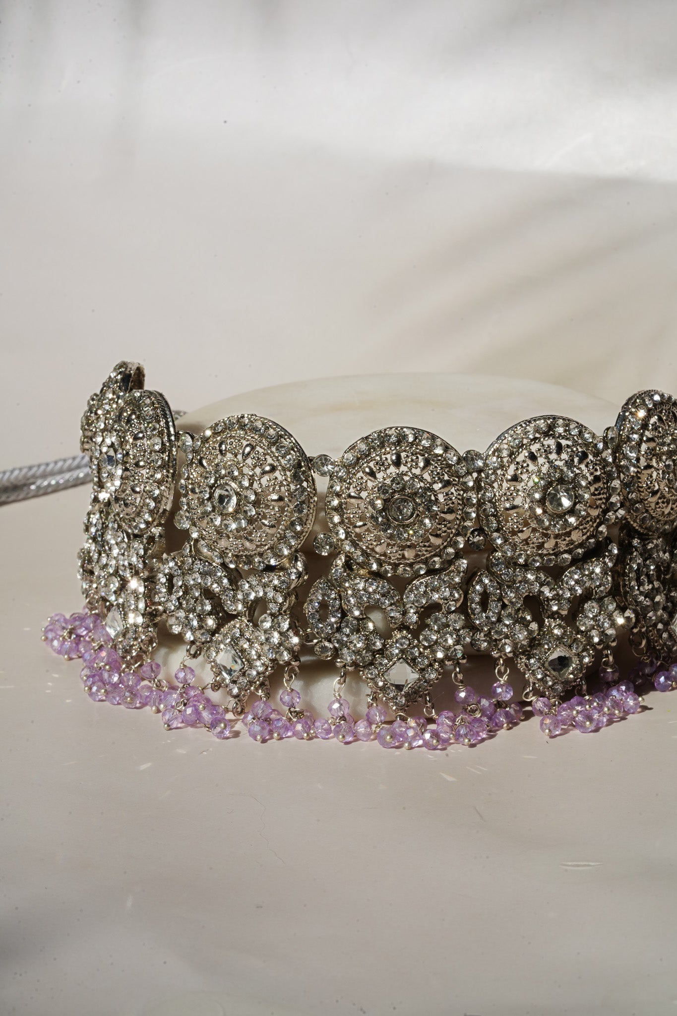 Detailed close-up of lavender beaded choker from Namar Necklace Set with ornate CZ stonework.