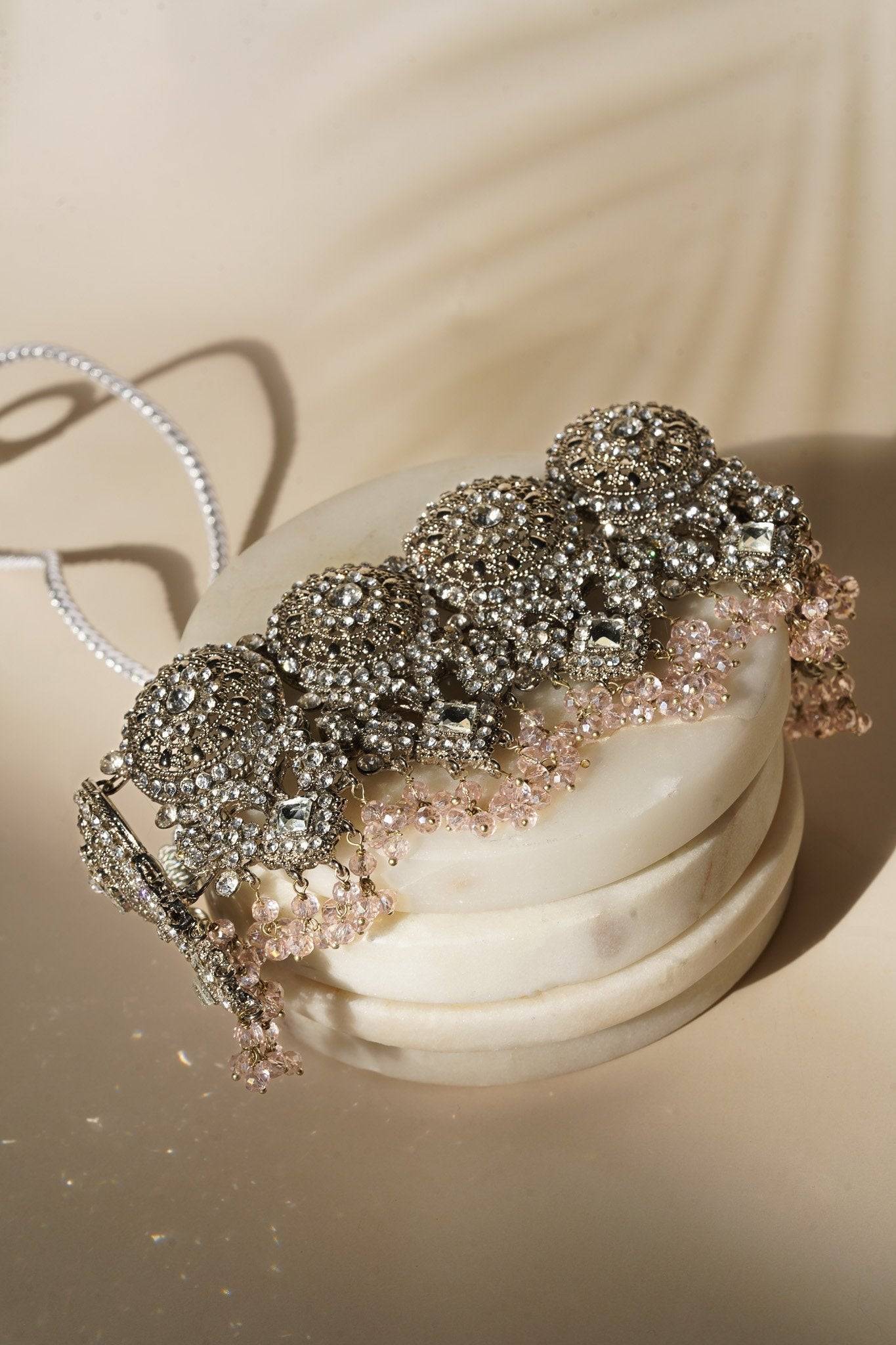 Choker from Namar Silver Plated AD Indian Choker Necklace Set with light pink beads and detailed CZ stonework.