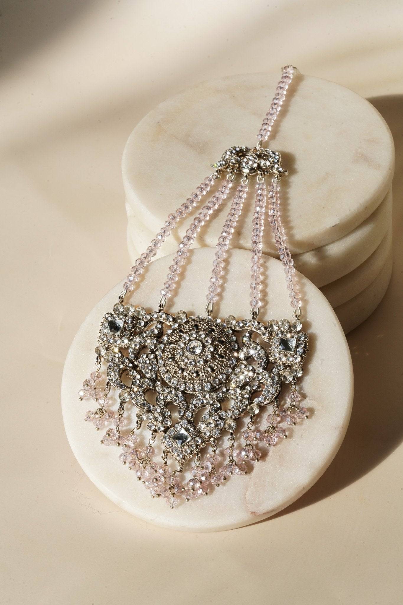 Maang tikka from Namar Silver Plated AD Indian Choker Necklace Set with pink beads and ornate CZ design.