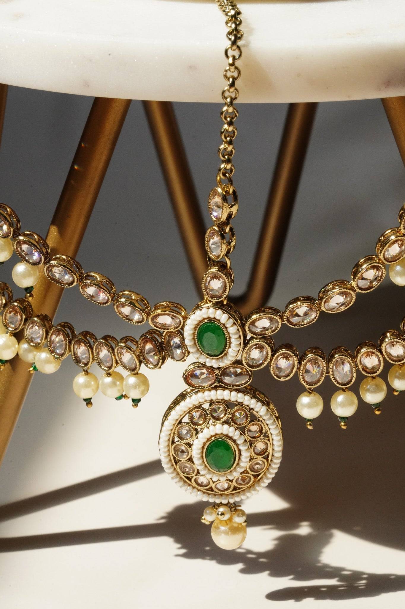 Nisha - Gold & Green Kundan Mathapatti Matha Patti from Inaury