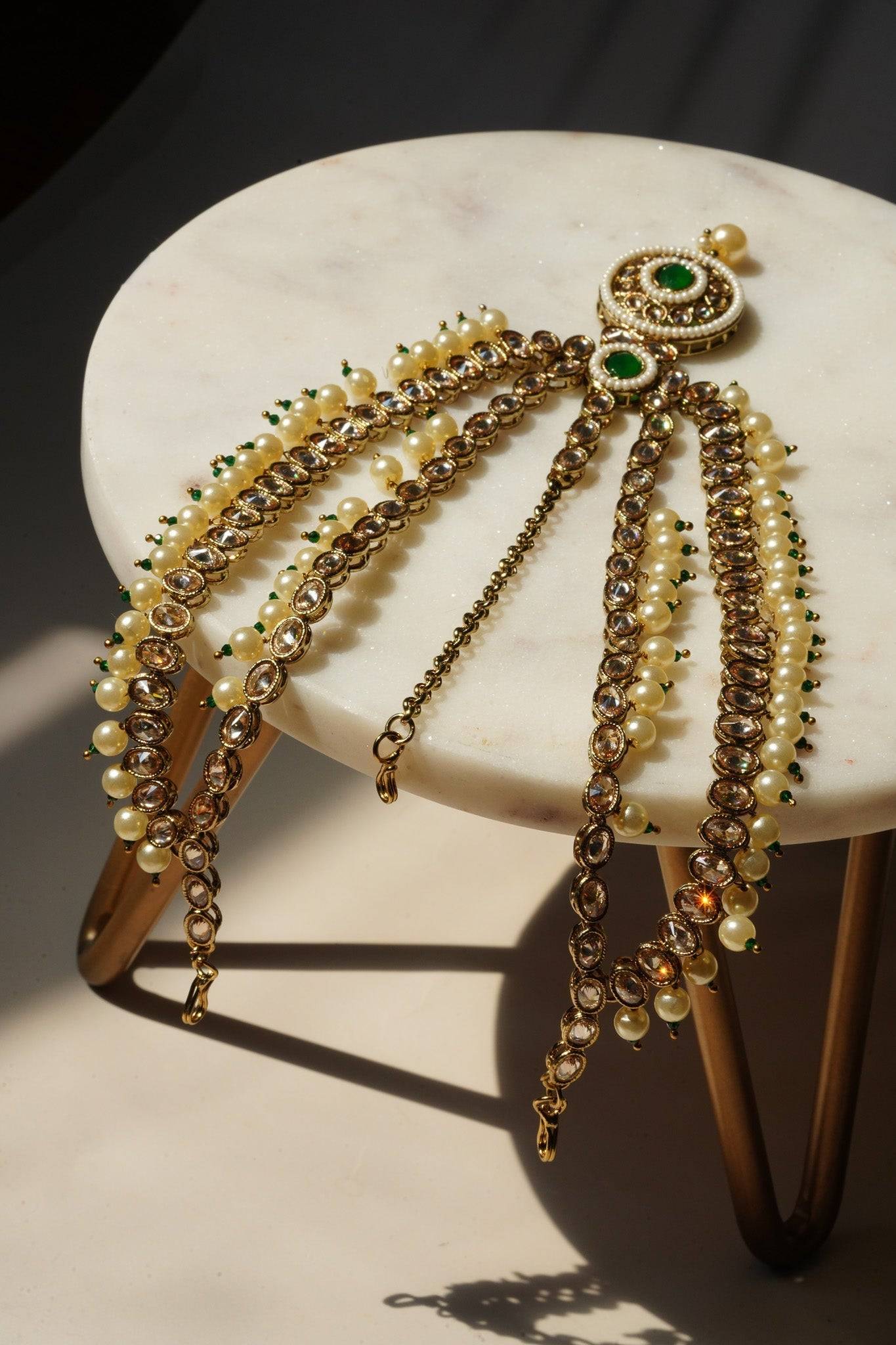 Nisha - Gold & Green Kundan Mathapatti Matha Patti from Inaury